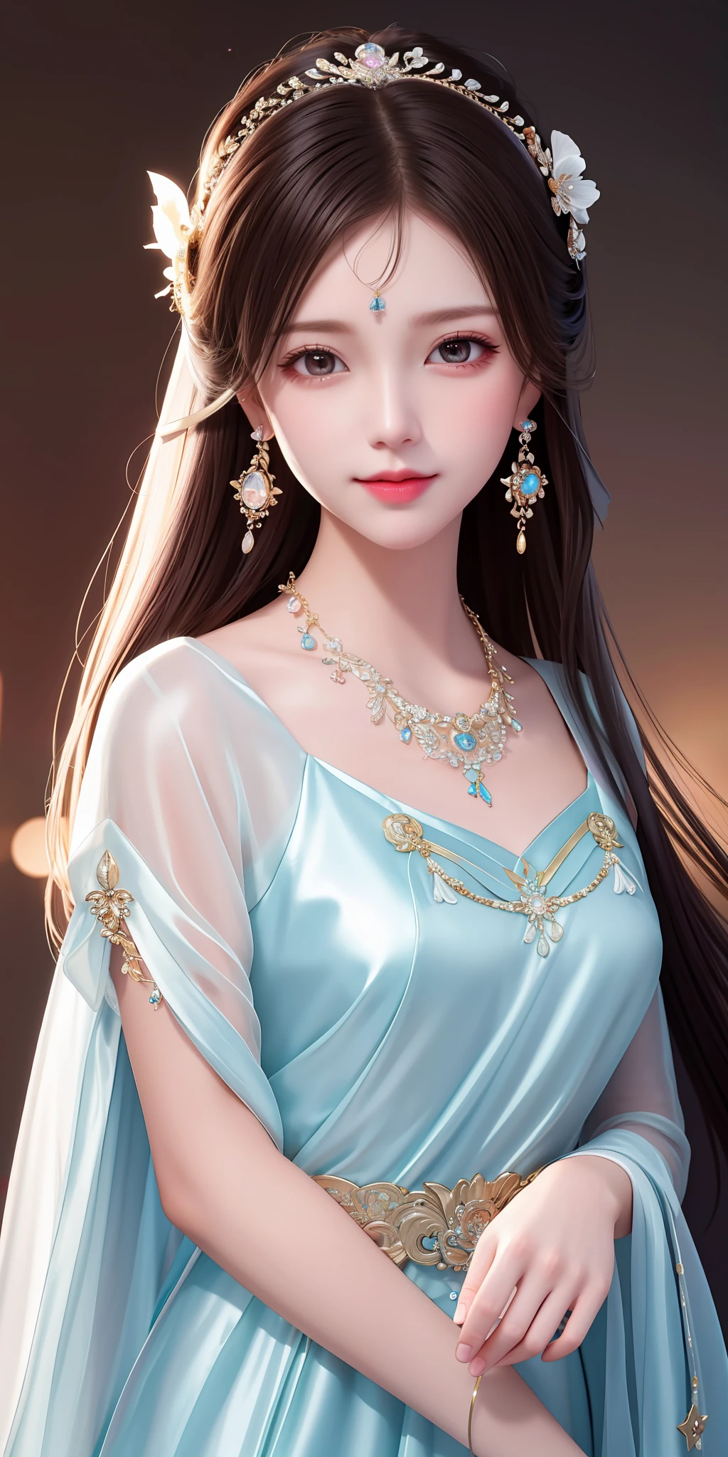 Best quality, masterpiece, high resolution, 1girl, clear silk porcelain dress, beautiful face, hair accessories, looking at the audience, smiling, close your mouth, lips, dress, hair accessories, necklaces, jewelry, long hair, earrings, beautiful face, on the body, Tindal effect, realism, dark studio, edge lighting, two-tone lighting, (high detail skin: 1.2), 8k UHD, DSLR, soft light, high quality, volumetric lighting, photo, high resolution 4K, 8k, blurred background