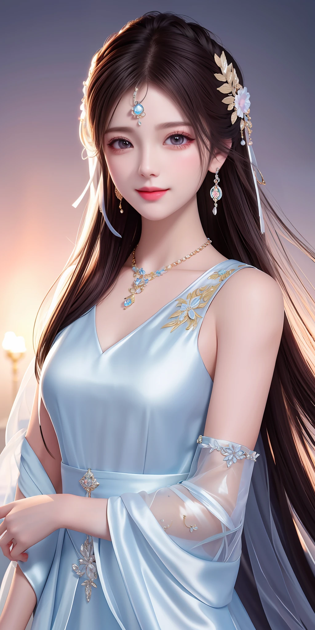 Best quality, masterpiece, high resolution, 1girl, clear silk porcelain dress, beautiful face, hair accessories, looking at the audience, smiling, close your mouth, lips, dress, hair accessories, necklaces, jewelry, long hair, earrings, beautiful face, on the body, Tindal effect, realism, dark studio, edge lighting, two-tone lighting, (high detail skin: 1.2), 8k UHD, DSLR, soft light, high quality, volumetric lighting, photo, high resolution 4K, 8k, blurred background