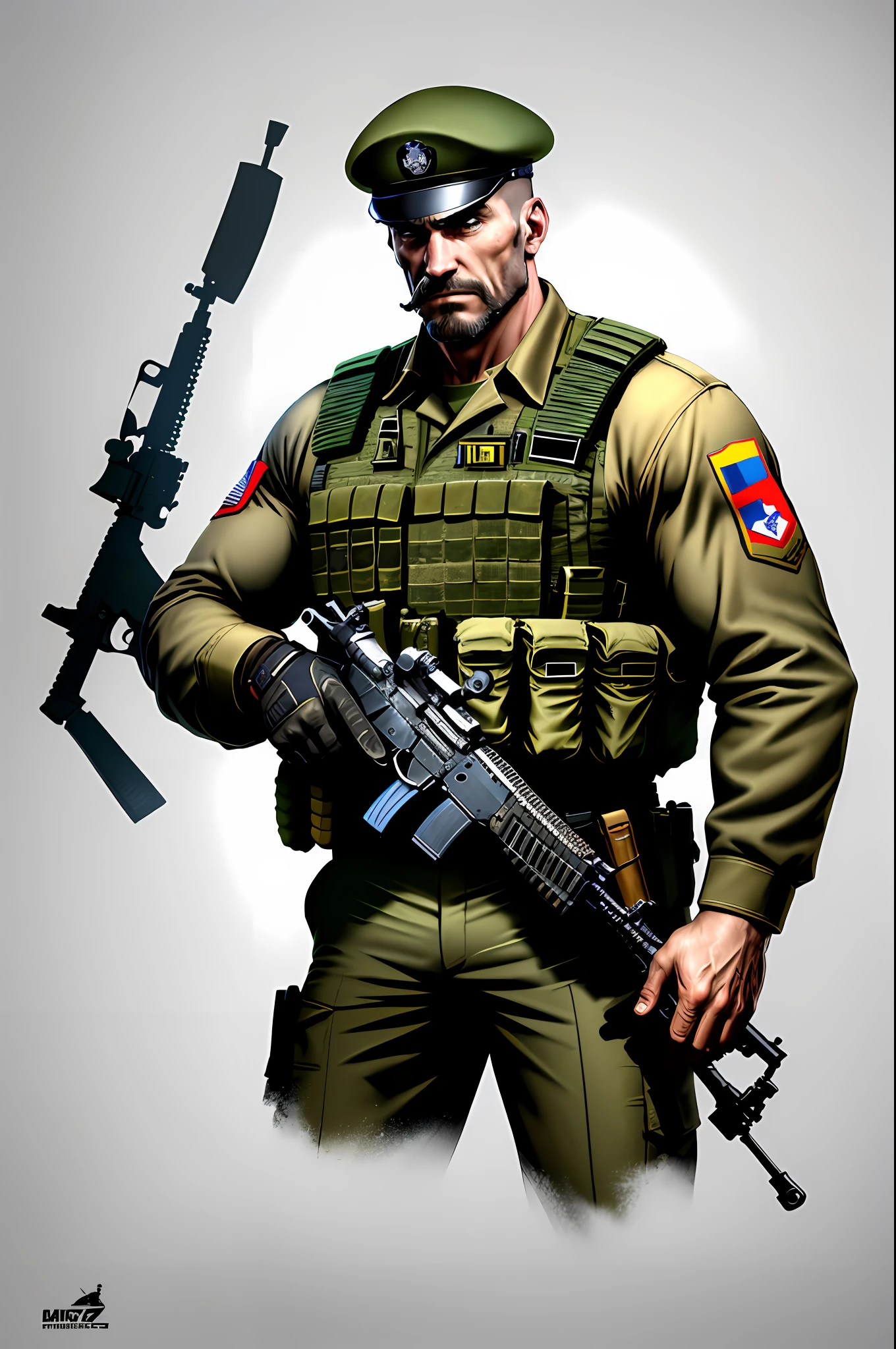 a cartoon of a man in a military uniform holding a gun, fps game concept art, french special ops, realistic soldiers, airsoft cqb, soldier, holding a mp7, wielding assault rifle, wearing tactical gear, guerilla soldier, heavy weapons guy, concept art like ernest khalimov, clean cel shaded, dramatic wielding gun pose, special forces security