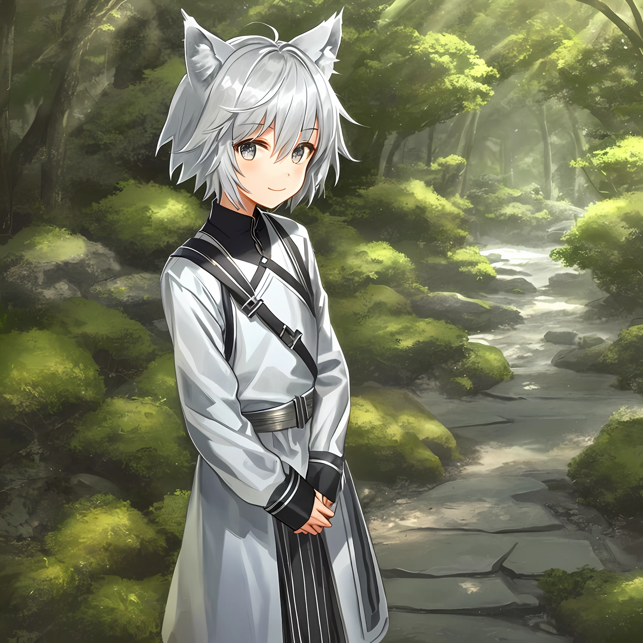 1guy,solo,short hair,silver hair,(silver-colored clothing),wolf tail,wolf ears,(happy:1.3),simple background,shiny skin,forest,standing bravely, looking at viewer, softie eyes, brave