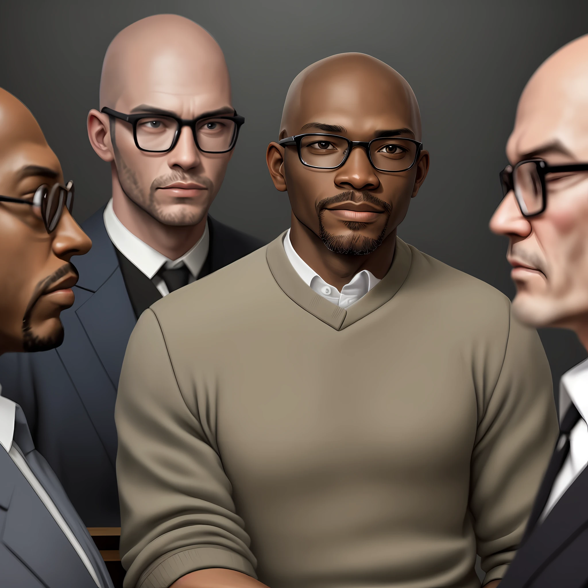 Benedict, drawing of a black man average age of 43 years bald glasses with hyper detailed face, wearing social clothes, in meeting room with several people, women, boys, graphics, hyperrealistic background, background blur.