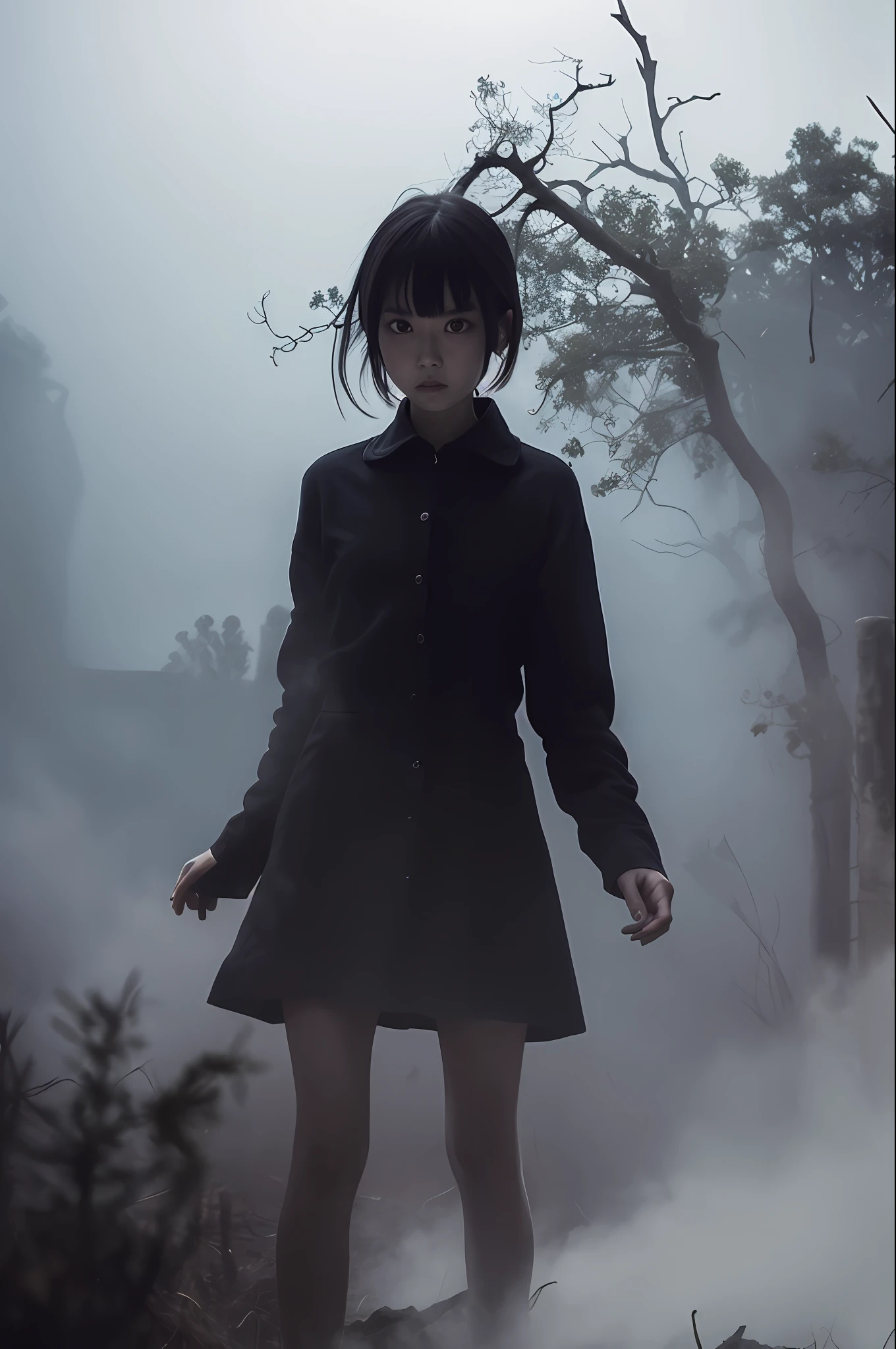 A beautiful girl, full body, horror, broken, twisted, sky, fog, smoke, dust, dark forest, ghost creature, Junji Ito, masterpiece, super high resolution, high quality, movie lighting,