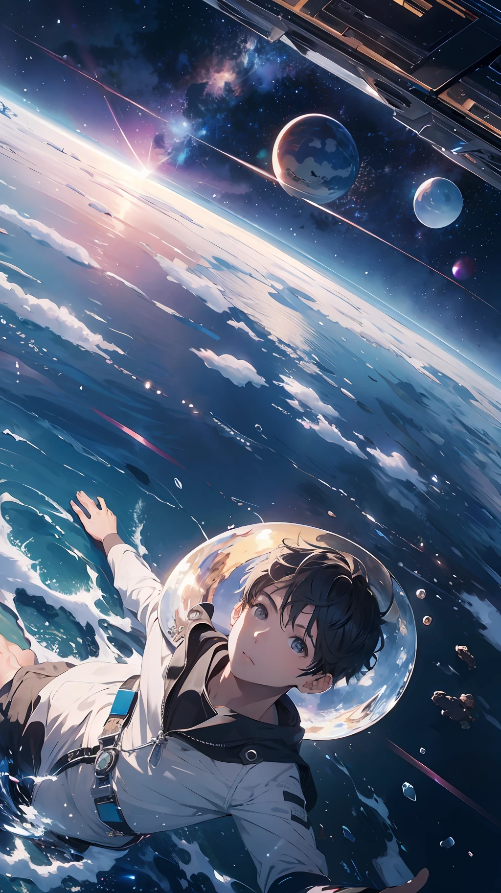 ridiculous resolution, high resolution, (masterpiece:1.4), super detailed, 1boy, seen from above, space, floating, --v 6
