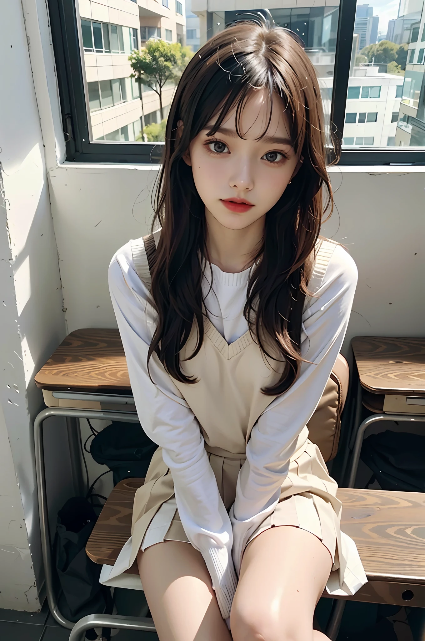 maasterpiece, best quality
(1girl), beautiful schoolgirl, cute, beautiful girl, petite, (flat chest:1.5), porcelain skin, pale skin, very long hair,
(School uniform), pleated skirt, open blouse, (topless), white thigh high socks, red ribbon,
sitting down on desk, upskirt, spreading legs,
in classroom, school, sunny, day,
ultra realistic, ultra detailed, photo realistic, photorealism, detailed, realistic skin, detailed, photorealistic,
