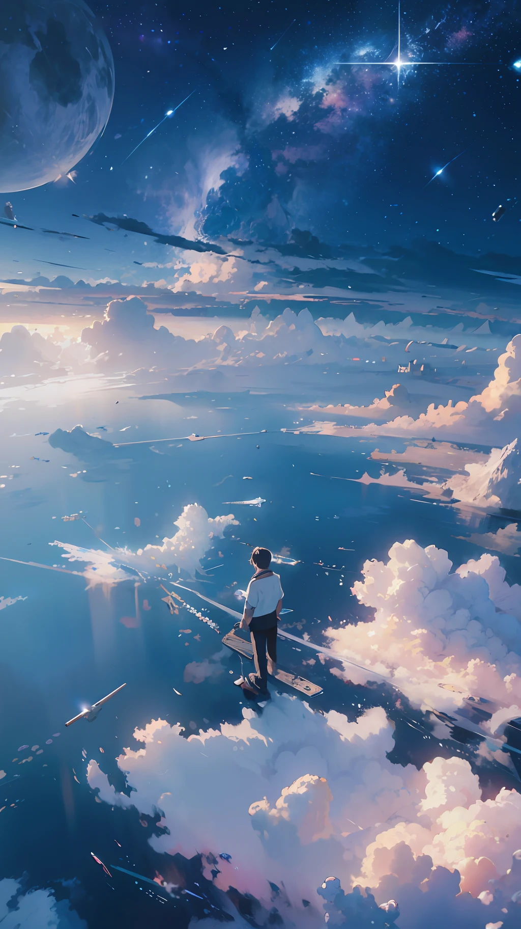 ridiculous resolution, high resolution, (masterpiece:1.4), super detailed, 1boy, seen from above, space, floating, --v 6