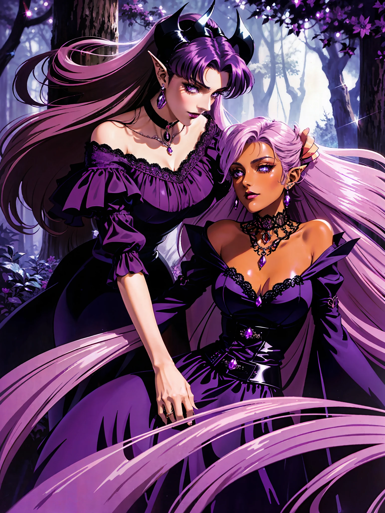 (tanned lustrous) vampire, (masterpiece), intricate details, retro, ((1999s anime)), ((best quality)), (purple gothic chateau in a forest at night), (gothic long tight sparkly) shiny [purple orange dress], vampiric ears bat, detailed lace, (natural stones) jewelry, (dark brown lips), choker, slim-thick, extremely detailed, covered, dynamic pose