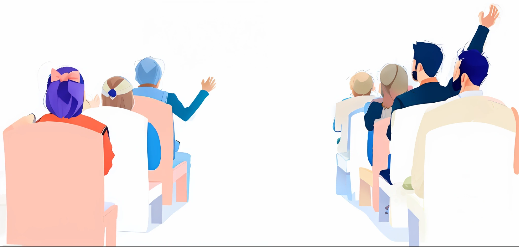 Two columns of people sit in chairs, someone is raising their hands, and in the middle is the aisle