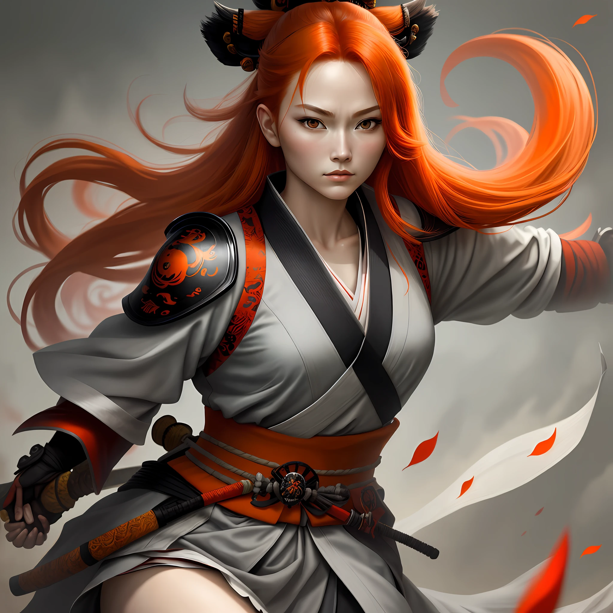 masterpiece, best quality, 1 female, Adult, hair Red Orange, Samurai ,Symbolism,Art, Beautiful, Beautiful, Courage, gentle, Belle, Grey Clothing, Normal eye