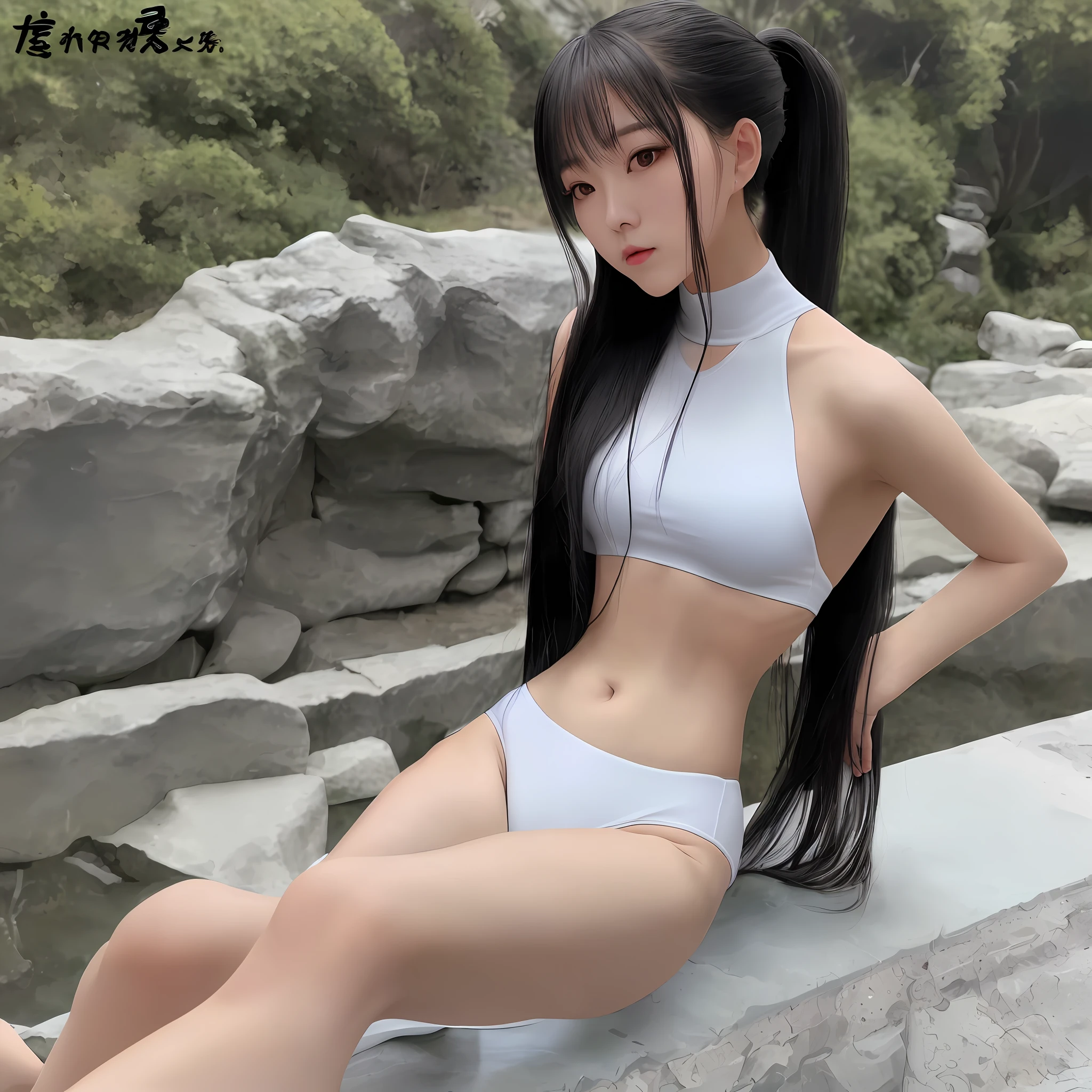Stunning best image qualitySingle womanAqua eyesBlack hairClosed mouthMulticolor backgroundViewerSpectatorOutdoors soloUpper bodySeductionNeat and clean complexionWhite sexy pose【Gym clothes、Chest slit、Navel】Ponytail【【Perfect】, slender waist, Chinese god