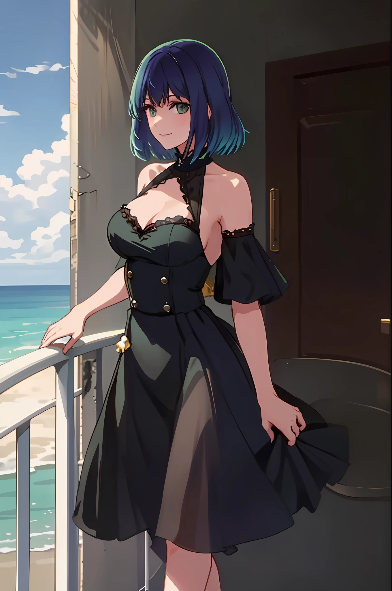 1woman, solo, masterpiece, best quality, highres, leaning against balcony, balcony railing, black dress, cutout, open back, open legs, thick thighs, large breasts, blue hair, gradient hair, green hair, cowboy shot, smiling, cleavage