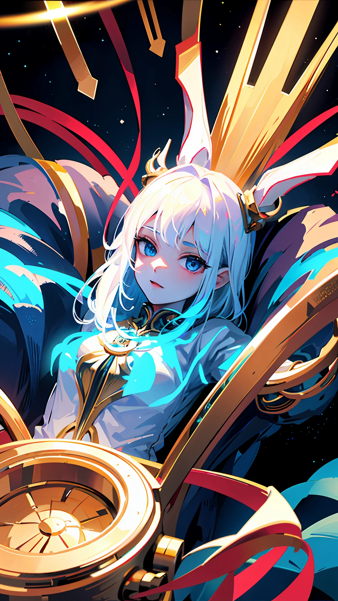 "Generate an ultra-detailed, ultra-detailed, 4K illustration depicting a noble High Elf (without drawing limbs) in which the God King reigns on the throne in an electronic space that simulates outer space."