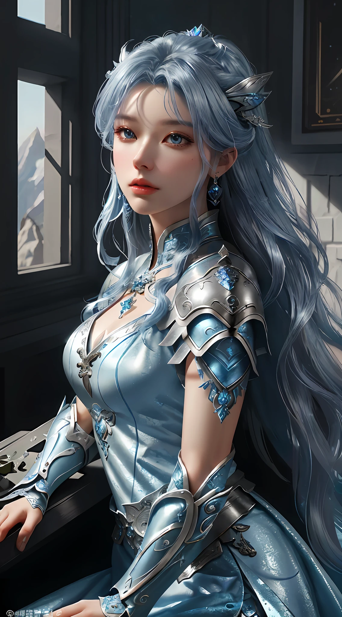 a close up of a woman in a silver and blue dress, chengwei pan on artstation, by Yang J, detailed fantasy art, stunning character art, fanart best artstation, epic exquisite character art, beautiful armor, extremely detailed artgerm, detailed digital anime art, artgerm on artstation pixiv, armor girl