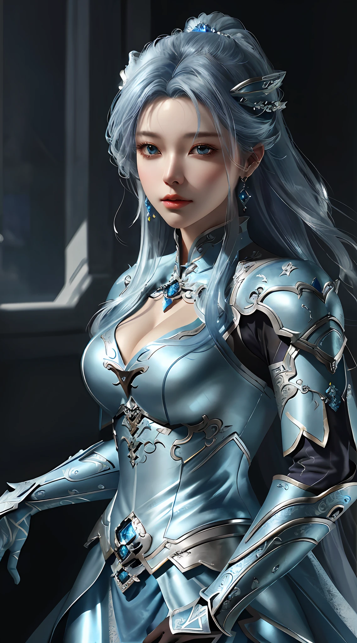 a close up of a woman in a silver and blue dress, chengwei pan on artstation, by Yang J, detailed fantasy art, stunning character art, fanart best artstation, epic exquisite character art, beautiful armor, extremely detailed artgerm, detailed digital anime art, artgerm on artstation pixiv, armor girl