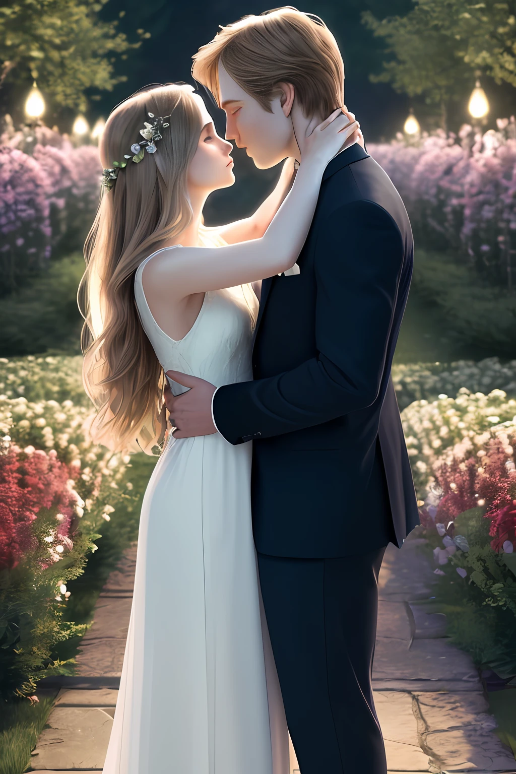 (extremely detailed CG unity 8k wallpaper,masterpiece,best quality, ultra-detailed), (best illumination, best shadow, an extremely delicate and beautiful), romantic scene,

[(1 couple), (passionate kiss), (dark hair:1.2 + blond hair:1.2), elegant dress, shirt, (embracing), (intense eye contact), (standing close to each other), (twilight), (flower garden):0.8]