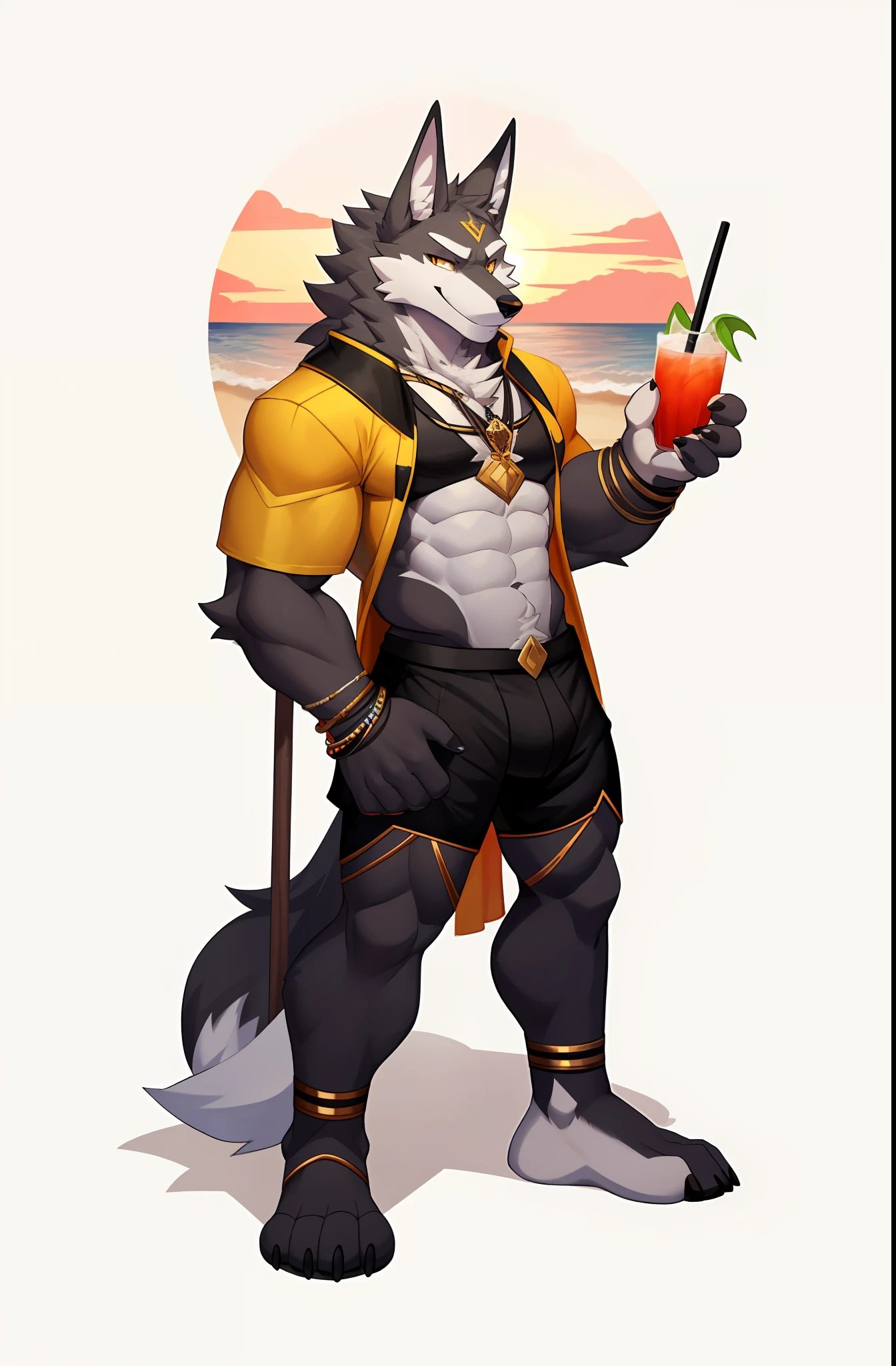 seth_(housamo)wolf, wolfdog, striped fox, anthro, male, detailed, (detailed fur), (athletic), athletic anthro, muscular, muscular anthro, muscular male,  long ears, fluffy tail, fluffy hair, pinup, anubis ears, canine anatomy, , (balls), big balls, solo, (fully sheathed), (yellow eyes), ((sheath)), (white sheath), (black sheath), (brown sheath), tan sheath, gray sheath, retracted sheath, smug, grin,, lustful gaze, [grey fur], [brown fur], [white fur], two tone fur, two tone body, two tone hair, multi tone hair, sitting, posing, reclining, detailed background, five fingers, rating:explicit, digital_media_\(artwork\) Solo, highest detailed,  anime character with a long Egyptian style staff and a yellow shirt, official character art, anthropomorphic wolf male, style of duelyst, detailed full body concept art, ( ( character concept art ) ), an anthropomorphic cyberpunk fox, an anthro wolf, fursona wearing stylish clothes, full body concept art, an anthropomorphic wolf laying on the beach.[featuring a vibrant beach backdrop with a mix of neon colors, high tide waves, palm trees, beautiful sunset and a clear sky with puffy white clouds,] [(surfboard, coconut drinks, beach towels and umbrellas) scattered around on the beach,] [with a dynamic and beautiful camera angle, capturing the energy and vibrancy of this beautiful scene in stunning high resolution,] [featuring the best illumination and shadow effects, bringing out every incredible detail of the scene.]