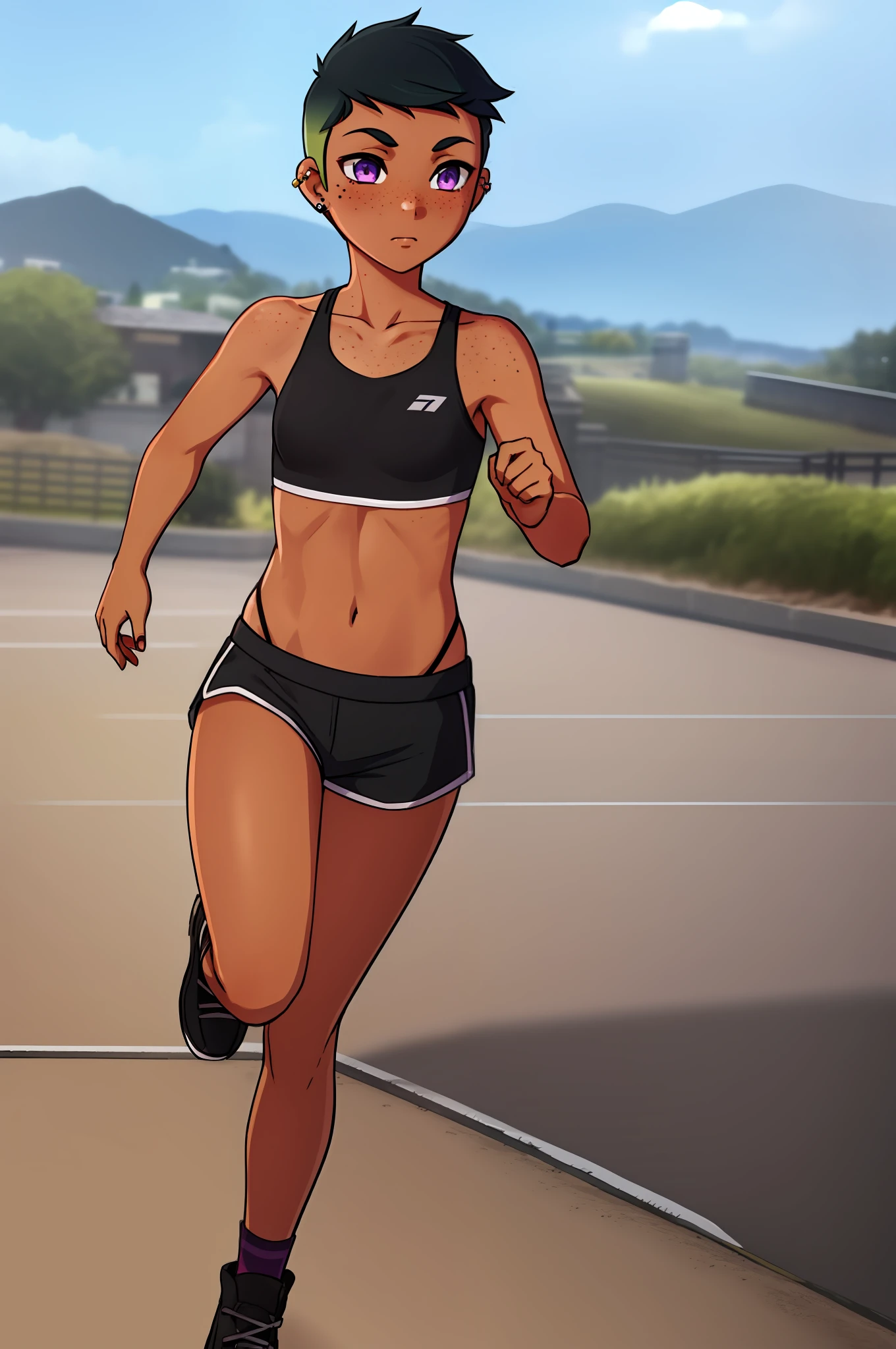 riley fairfeather, masterpiece, best quality, outdoors, 1girl, solo, 1girl, solo, nose piercing, green hair, piercing, undercut, running shorts, short shorts, tank top, midriff, freckles, breasts, full body, short hair, black hair, multicolored hair, midriff, black shoes, black footwear, two-tone hair, purple eyes, looking away from viewer, looking away, view of butt, blush, ear piercing, small breasts, nose blush, dark-skinned female, medium breasts, running, tan, dark skin,