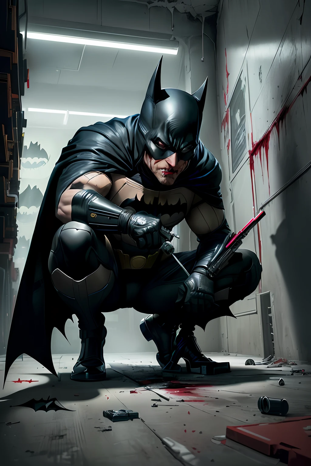 draw Batman in an action scene investigating a crime committed by the villainous Penguin's gang, he checks fingerprints with a magnifying glass on the walls, tables, and boxes thrown on the floor, there is a lot of blood on the floor and Batman realizes that the cyberpunks want to kill him lo, more blood on the floor, marks of machine gun projectiles on the walls because the scene is of Batman investigating a crime because the villains Penguin and Joker want to dominate and change the name of Gotham City to Dark City, 64k, Realistic or Cartoon, detailed, high definicion, ultra resolution,  illustrations,  fingers,  legs,