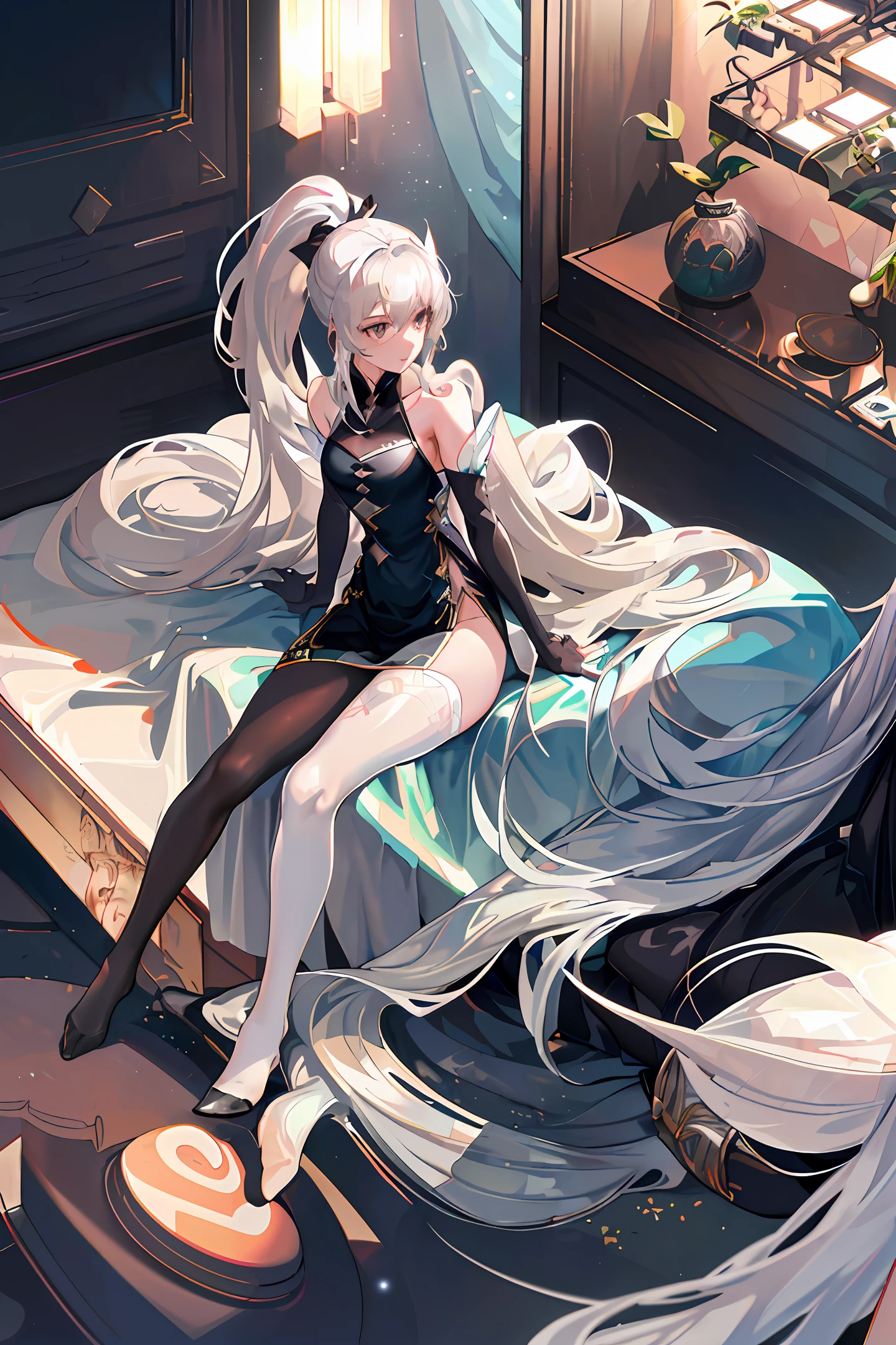 (((1 girl)),ray tracing,(dim lighting),[detailed background (bedroom)),((silver hair)),((silver hair)),(Fluffy silver hair, plump and slender girl)) with high ponytail)))) Avoid golden eyes in the ominous bedroom ((((Girl wears a white shirt, white wrinkled skirt with black transparent pantyhose), showing a delicate slender figure and graceful curves, correct limbs, sitting on the bed with hands behind her head, Put both hands behind your head