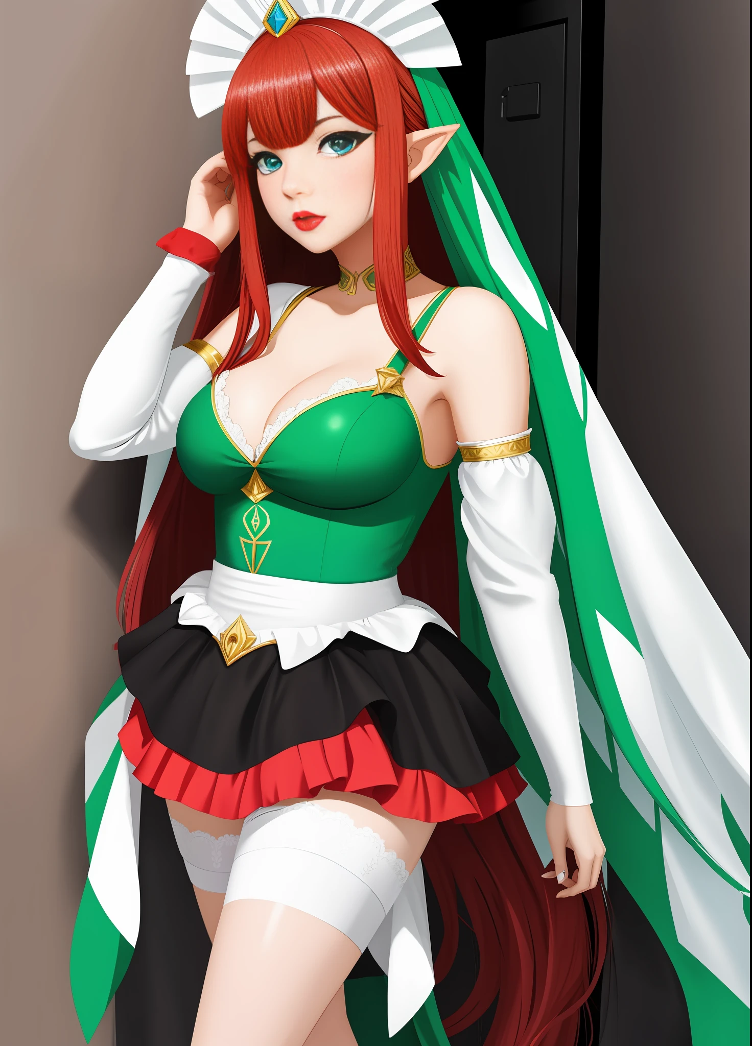 full body, 1 Princess Zelda in black maid outfit with white stockings with barrettes on skirt, Gigantic Breasts, (long red hair, movement in the wind) and (green eyes), lips with red lipstick, light makeup, looking at viewer, well defined and uniform body, she is facing the entrance door of the bathroom the shower is open with smoke from the hot water coming out of the door, her body is completely sweaty due to the heat, maid headdress, Anime, masterpiece, 16k, award winning, best quality, high details, UHD, masterpiece, anatomically correct