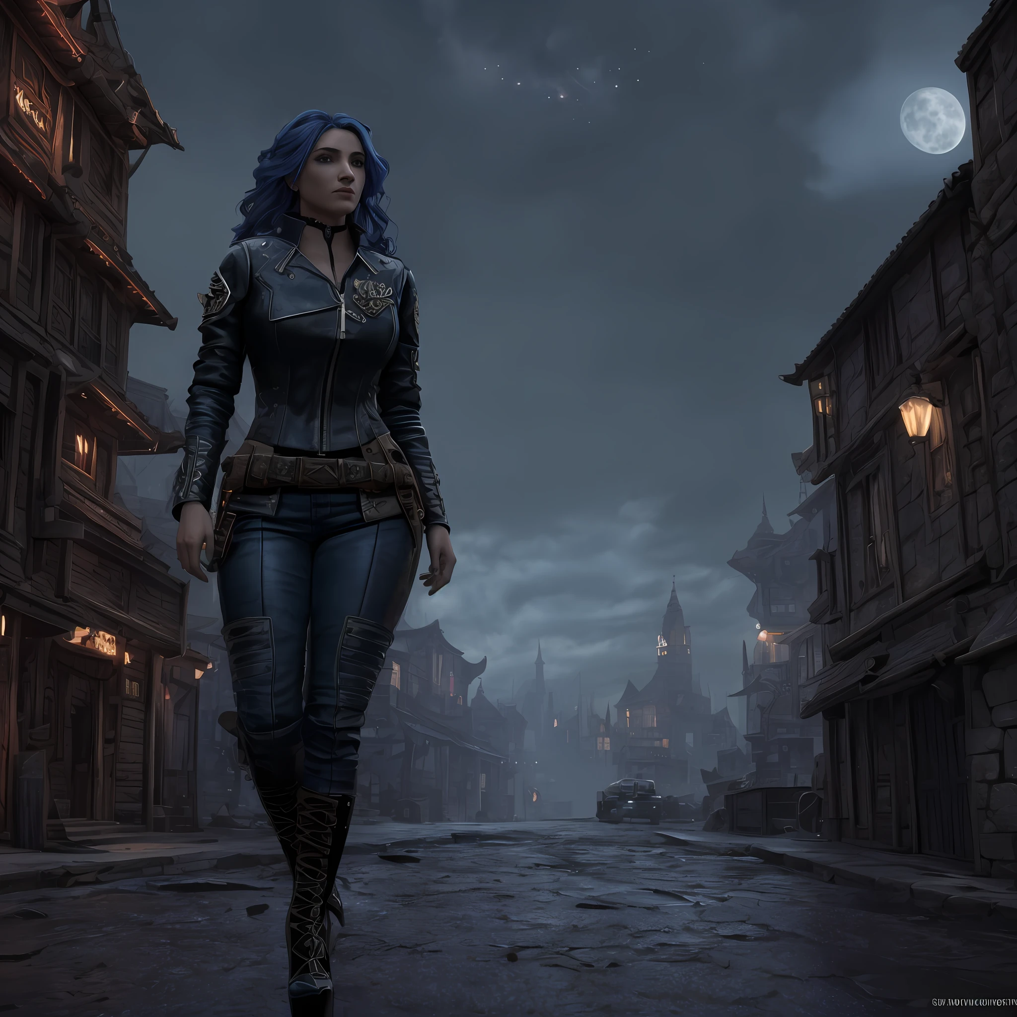 extremely detailed beautiful Gabrielle Garcia, full body length, some scars on her perfect face, hair cascading in loose waves up to her small waist, an impressive 30-year-old realistic photograph, fiery blue hair, blue eyes, extremely detailed unzipped, biker outfit, high heels, she is in the ancient town of Stratholme, located in the desolate and haunted land contaminated by plague and war, where decay and darkness reign, imposing posture, metal details on jacket, cut, witch blade references, full moon, sister of battle elements, UFO lights in the sky, facehuger walking around, some chaos in the environment, hyperdetailed, octane render, shadow and active light, lighting bar, complex, resolution 8k hyperealistic cover photo erte .12k, intricate. hit definition, maximum detail, extreme cinematism, mix of bold dark lines and loose lines,{{{{Whole body}}}}.
