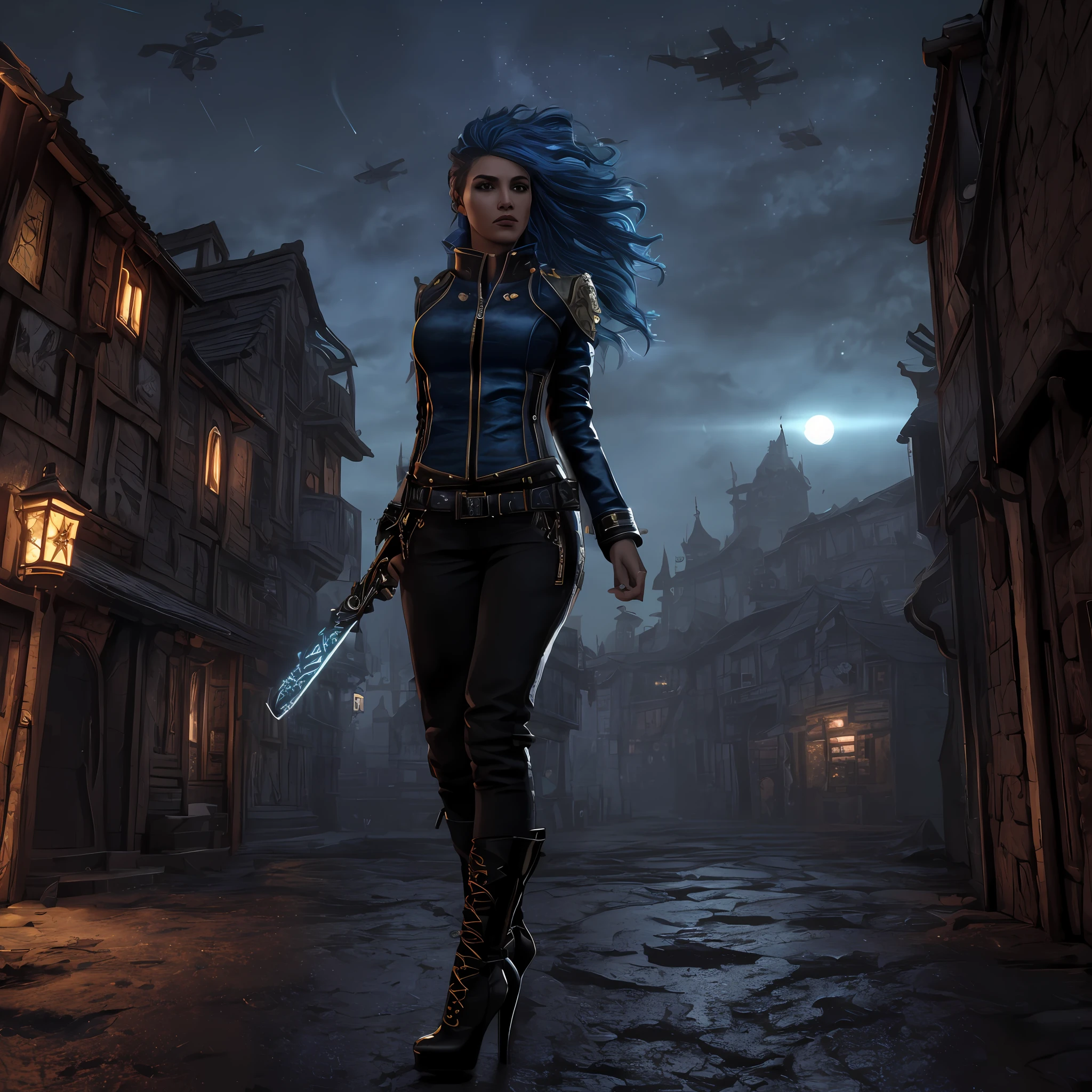 extremely detailed beautiful Gabrielle Garcia, full body length, some scars on her perfect face, hair cascading in loose waves up to her small waist, an impressive 30-year-old realistic photograph, fiery blue hair, blue eyes, extremely detailed unzipped, biker outfit, high heels, she is in the ancient town of Stratholme, located in the desolate and haunted land contaminated by plague and war, where decay and darkness reign, imposing posture, metal details on jacket, cut, witch blade references, full moon, sister of battle elements, UFO lights in the sky, facehuger walking around, some chaos in the environment, hyperdetailed, octane render, shadow and active light, lighting bar, complex, resolution 8k hyperealistic cover photo erte .12k, intricate. hit definition, maximum detail, extreme cinematism, mix of bold dark lines and loose lines,{{{{Whole body}}}}.