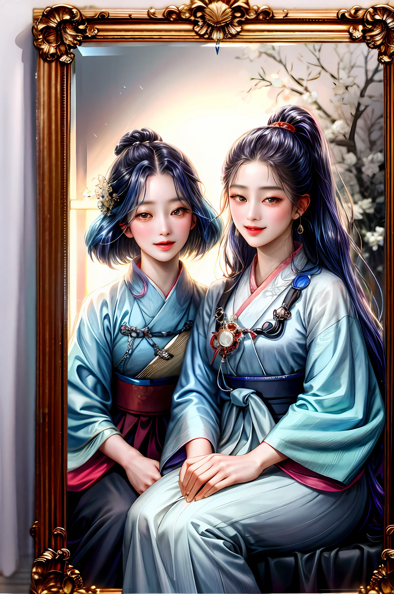 Two Joseon era girls happy looking through a mirror