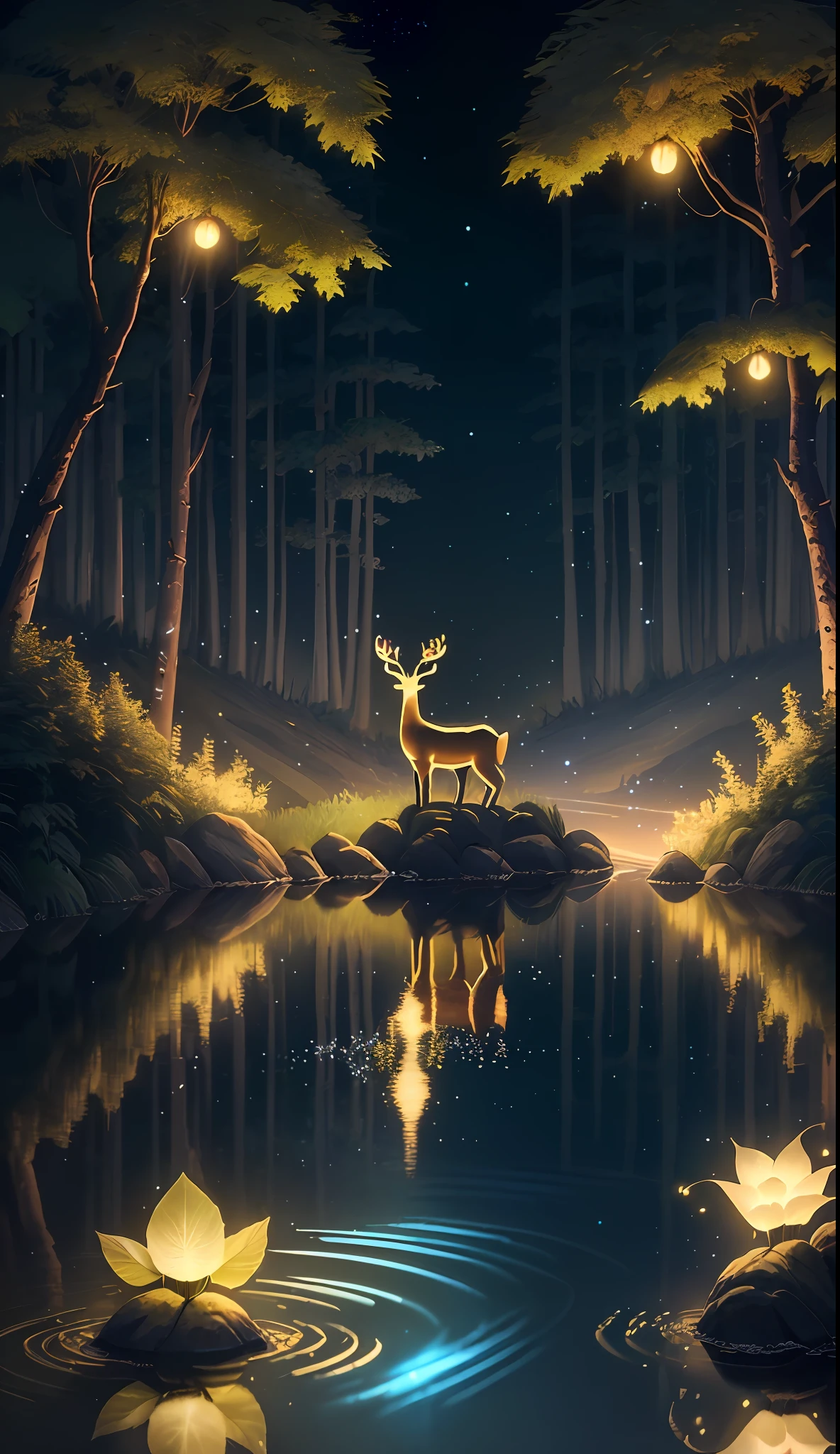 Masterpiece, best quality, (very detailed CG unity 8k wallpaper), (best quality), (best illustration), (best shadows), glow sprite, with a glowing deer, in the swimming pool Drinking water, natural elements in the forest theme. Mysterious forest, beautiful forest, nature, surrounded by flowers, delicate leaves and branches surrounded by fireflies (natural elements), (jungle theme), (leaves), (twigs), (fireflies), (particle effects) etc. 3D , Octane rendering, ray tracing, super detailed