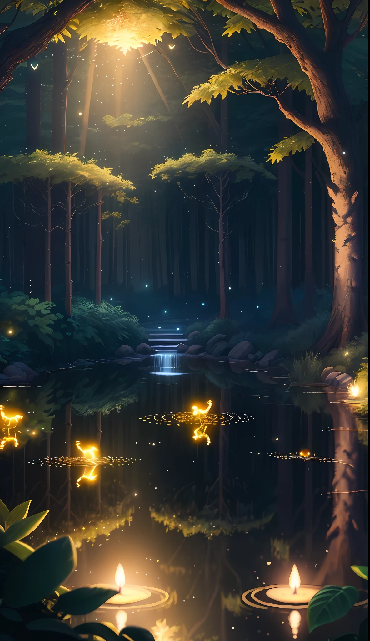 Masterpiece, best quality, (very detailed CG unity 8k wallpaper), (best quality), (best illustration), (best shadows), glow sprite, with a glowing deer, in the swimming pool Drinking water, natural elements in the forest theme. Mysterious forest, beautiful forest, nature, surrounded by flowers, delicate leaves and branches surrounded by fireflies (natural elements), (jungle theme), (leaves), (twigs), (fireflies), (particle effects) etc. 3D , Octane rendering, ray tracing, super detailed