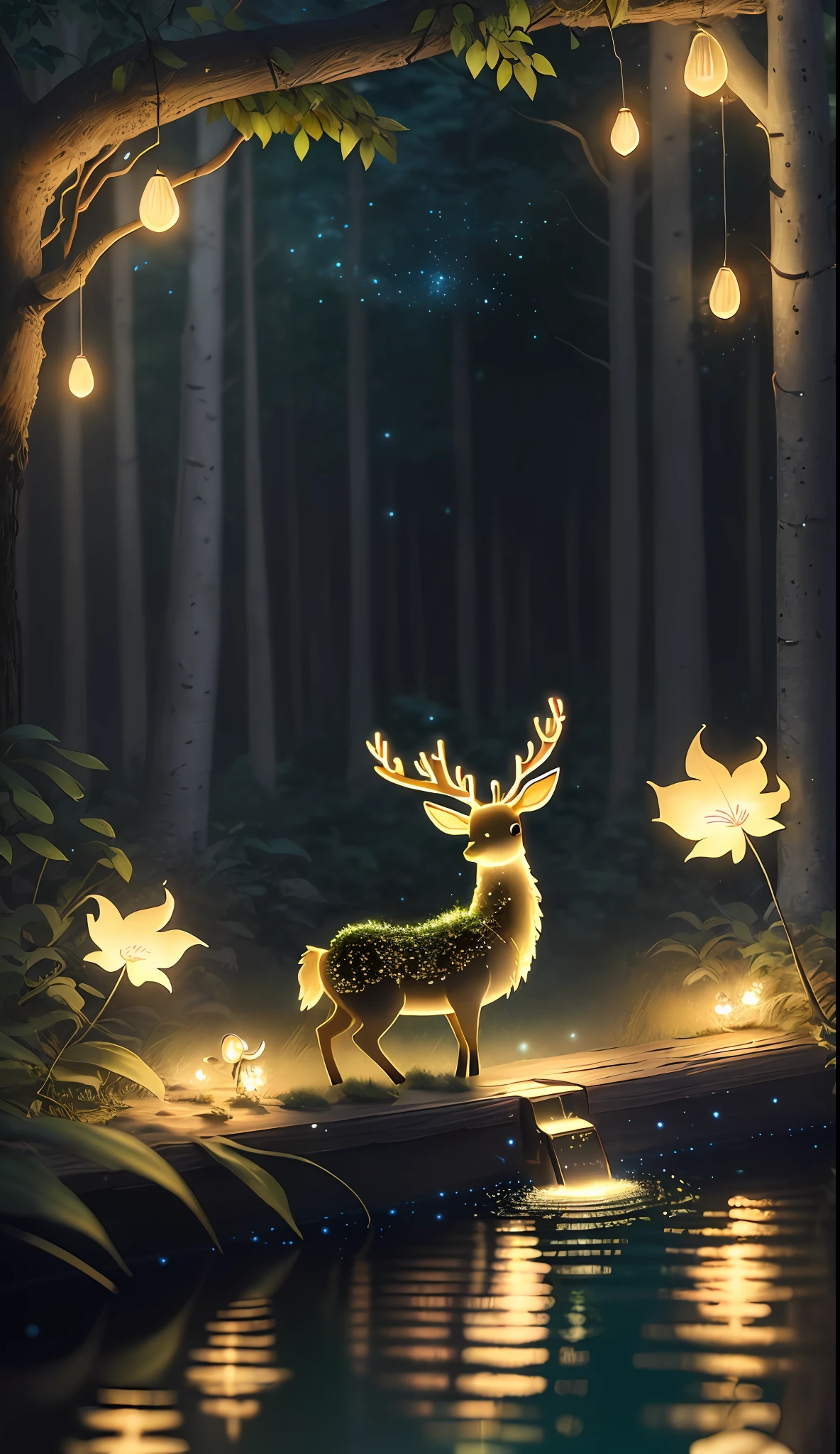 Masterpiece, best quality, (very detailed CG unity 8k wallpaper), (best quality), (best illustration), (best shadows), glow sprite, with a glowing deer, in the swimming pool Drinking water, natural elements in the forest theme. Mysterious forest, beautiful forest, nature, surrounded by flowers, delicate leaves and branches surrounded by fireflies (natural elements), (jungle theme), (leaves), (twigs), (fireflies), (particle effects) etc. 3D , Octane rendering, ray tracing, super detailed