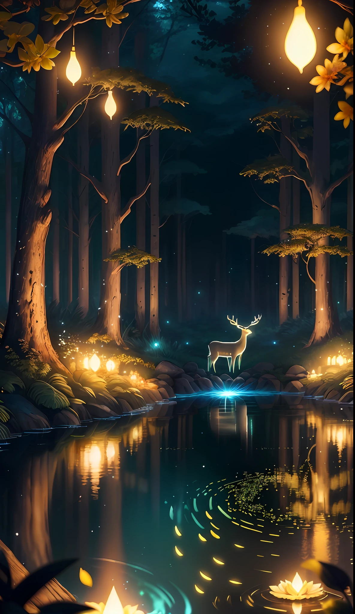 Masterpiece, best quality, (very detailed CG unity 8k wallpaper), (best quality), (best illustration), (best shadows), glow sprite, with a glowing deer, in the swimming pool Drinking water, natural elements in the forest theme. Mysterious forest, beautiful forest, nature, surrounded by flowers, delicate leaves and branches surrounded by fireflies (natural elements), (jungle theme), (leaves), (twigs), (fireflies), (particle effects) etc. 3D , Octane rendering, ray tracing, super detailed