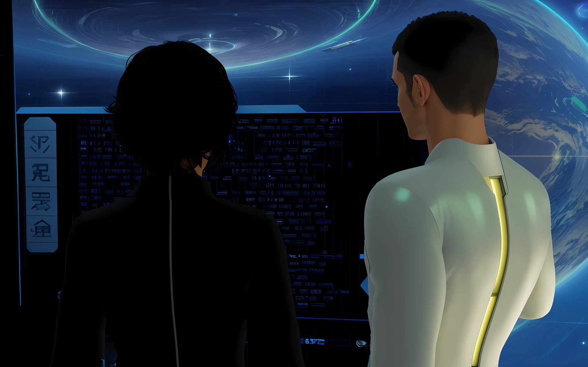 There are two people a strong man with white skin and a black woman with straight secretary-style hair standing in front of a computer screen, in game graphics, depicted as a science fiction scene, digital screenshot, looking at spaceships on the dock, medium shot of two characters, future man coder looking, futuristic avatars, in front of a sci-fi cityscape, movie screenshot, standing in a Starbase bar, Eve movie online still