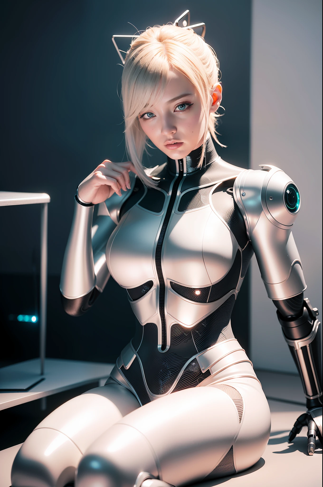Complex 3d rendering super detail beauty android face, cyborg, robot parts, black metal mesh skin, worn whitewashed steel skin, 150mm lens, beautiful studio light, rim light, vivid details, gorgeous cyberpunk, lace, hyperrealistic, anatomical, facial muscle, cable wire, microchip, Top quality, masterpiece, very delicate and beautiful, very elaborate, CG, unity, wallpaper, (lifelike, photorealistic: 1.37), wonderful, fine, masterpiece, top quality, official art, very elaborate CG Unity wallpaper, robot, full body, sitting