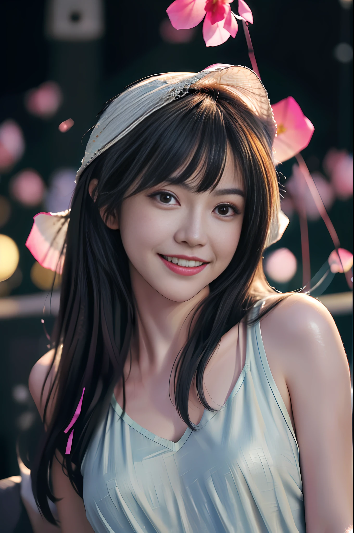 (Masterpiece, Best Quality, Realistic, Ultra High Resolution, 8K Original Photo: 1.2)
1 girl, Pami, movie lighting, background bokeh, lens spot, colored streamers, translucent clothes, lips slightly open, low angle view, petals flying, single, photo action, close-up, upper body, looking at the audience, smiling