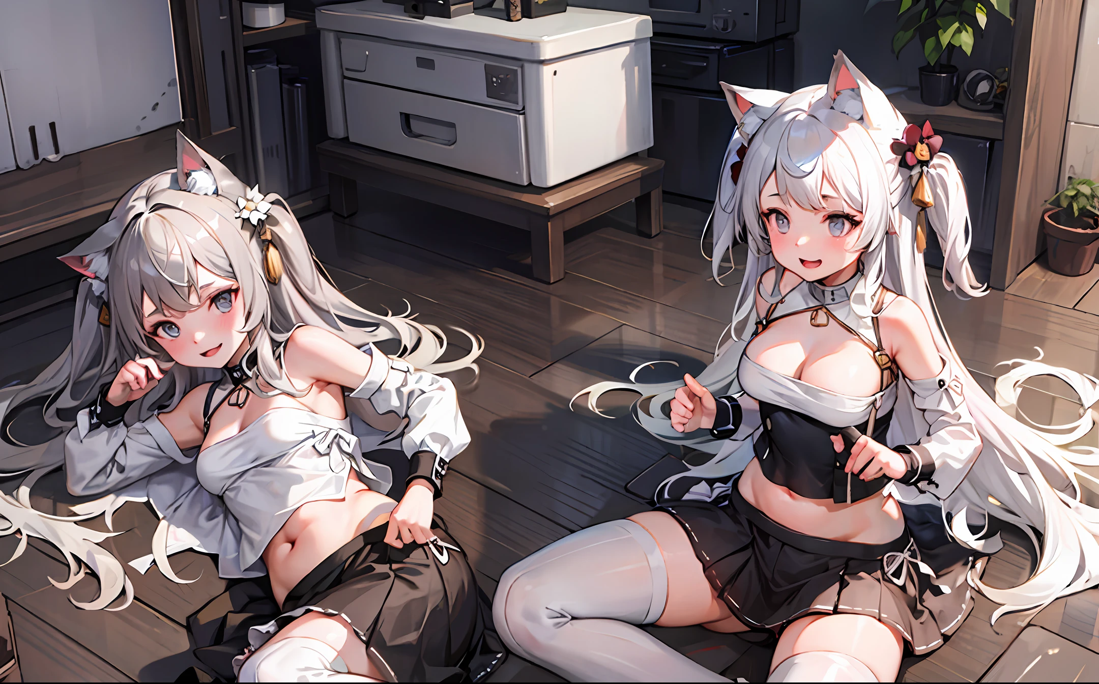 White ripped socks, a young girl, cat ears, plump figure, poor chest