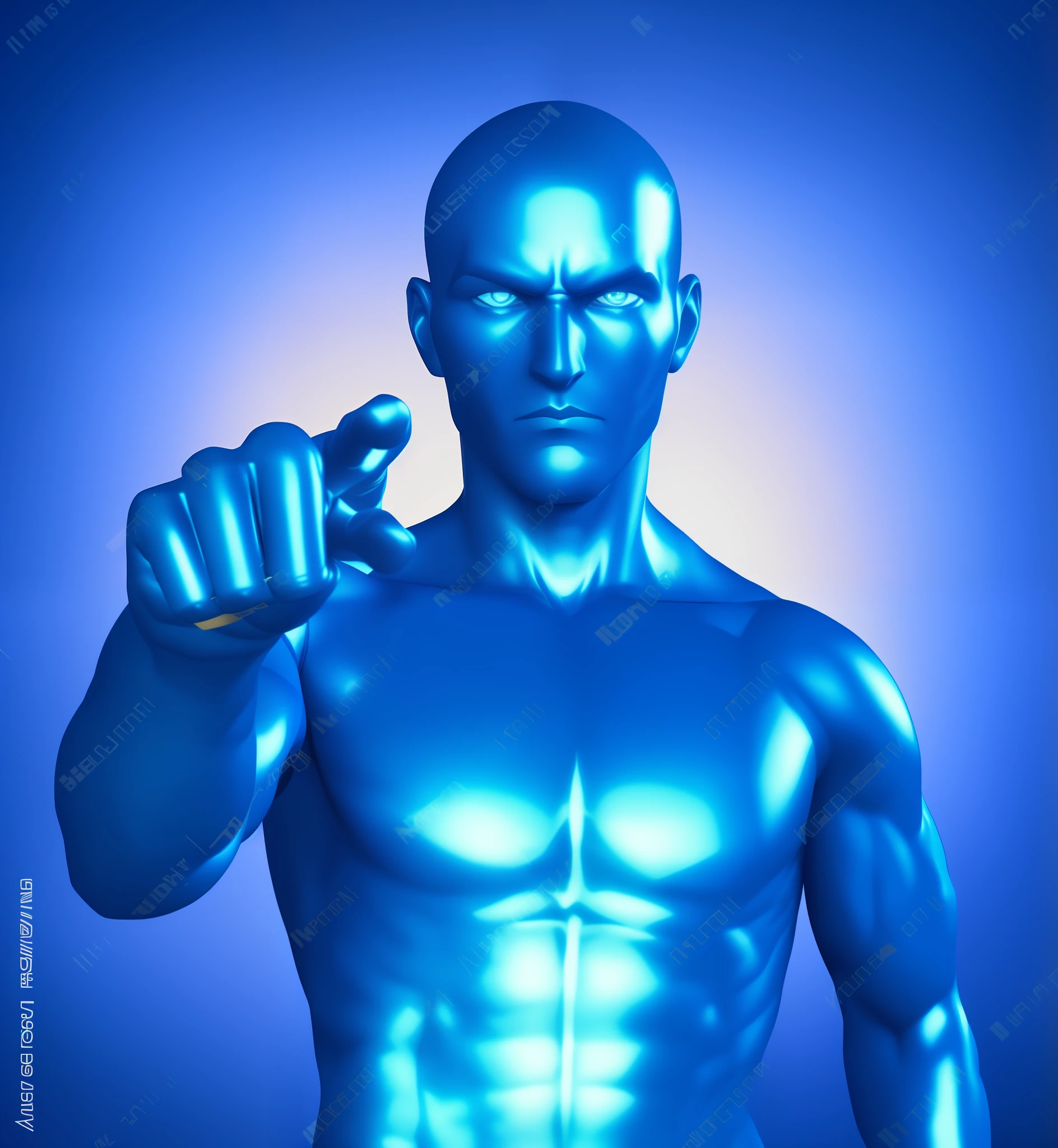 a close up of a man with a blue body and a fist, blue cyborg, with pointing finger, pointing index finger, heroic masculine pose, upper body avatar, blue realistic 3 d render, depicted as a 3 d render, male android, mma southpaw stance, blue body, with a blue background, 3d render”, confident action pose, with index finger