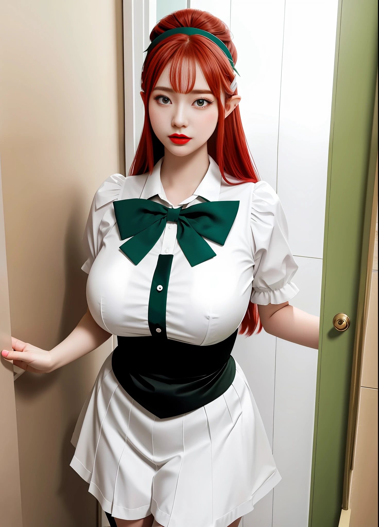 1 Princess Zelda in black maid outfit with white stockings with barrettes on skirt, Gigantic , (long red hair, movement in the wind) and (green eyes), lips with red lipstick, light makeup, looking at viewer, well defined and uniform body, she is facing the entrance door of the bathroom the shower is open with smoke from the hot water coming out of the door, her body is completely sweaty due to the heat, maid headdress, Anime, masterpiece, 16k, award winning, best quality, high details, UHD, masterpiece, anatomically correct