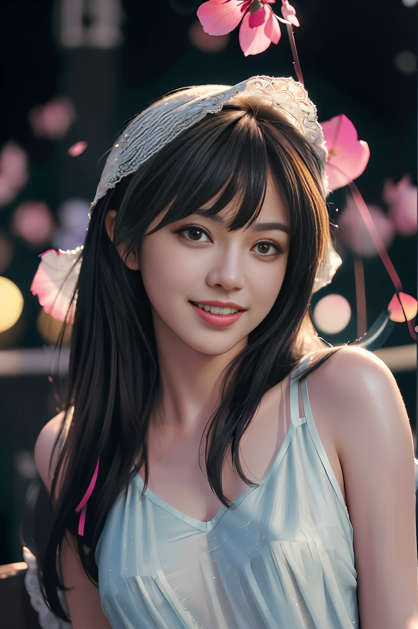 (Masterpiece, Best Quality, Realistic, Ultra High Resolution, 8K Original Photo: 1.2)
1 Girl, Pami, Film Lighting, Background Bokeh, Lens Spot, Colored Streamers, Lace Lingerie, Lips Slightly Open, Low Angle View, Petals Flying, Solo Person, Photo Action, Close-up, Upper Body, Looking at the Audience, Smiling