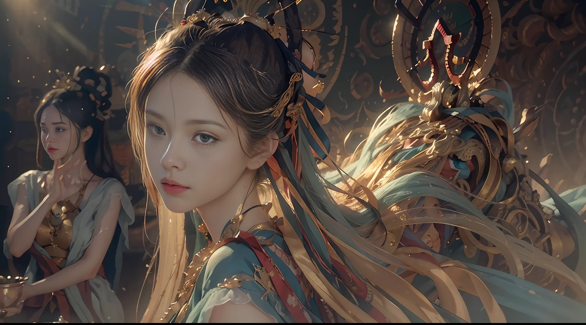 (RAW photo, best quality), (realistic, photo-realistic:1.3),best quality,highly detailed,masterpiece,ultra-detailed,illustration,1girl,upper_body,dynamic angle,world masterpiece theater,messy_long_hair,best quality,extremely detailed CG unity 8k wallpaper,ink,Amazing,cinematic lighting,lens_flare,,dunhuang_style