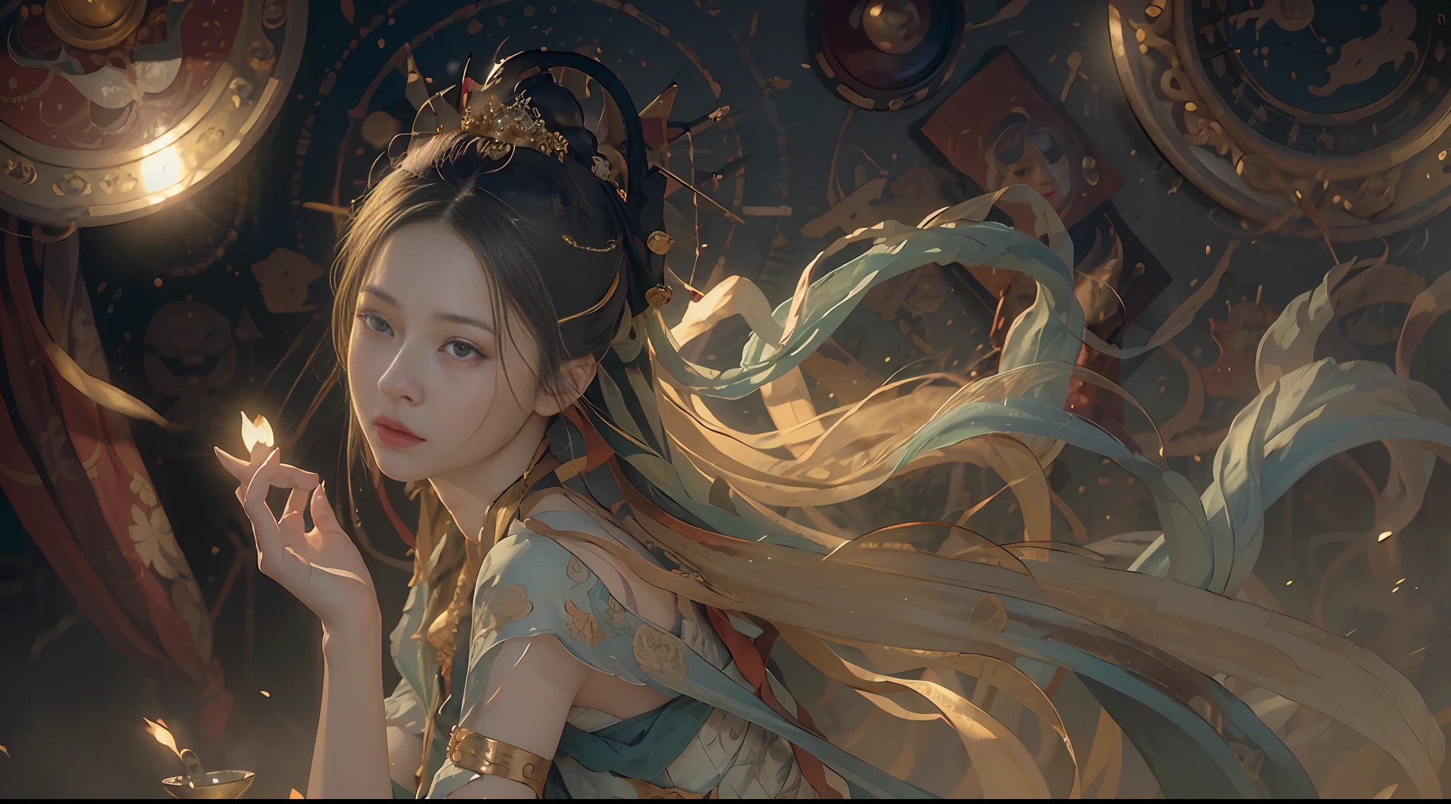 (RAW photo, best quality), (realistic, photo-realistic:1.3),best quality,highly detailed,masterpiece,ultra-detailed,illustration,1girl,upper_body,dynamic angle,world masterpiece theater,messy_long_hair,best quality,extremely detailed CG unity 8k wallpaper,ink,Amazing,cinematic lighting,lens_flare,,dunhuang_style