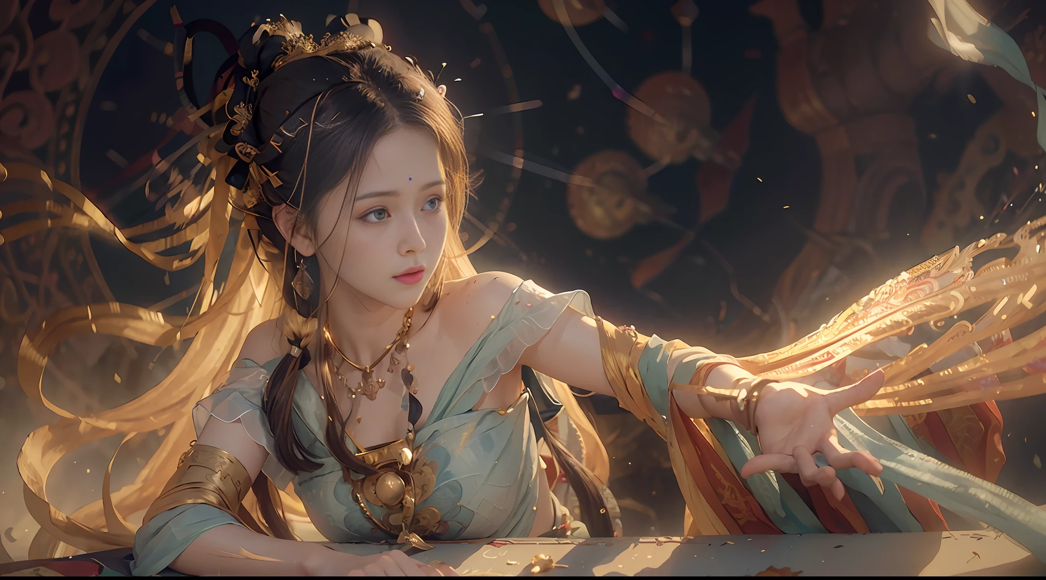 (RAW photo, best quality), (realistic, photo-realistic:1.3),best quality,highly detailed,masterpiece,ultra-detailed,illustration,1girl,upper_body,dynamic angle,world masterpiece theater,messy_long_hair,best quality,extremely detailed CG unity 8k wallpaper,ink,Amazing,cinematic lighting,lens_flare,,dunhuang_style