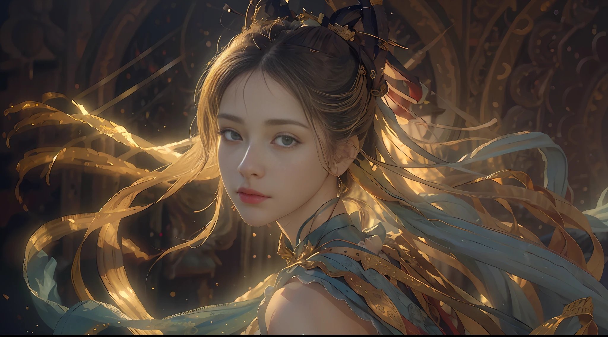 (RAW photo, best quality), (realistic, photo-realistic:1.3),best quality,highly detailed,masterpiece,ultra-detailed,illustration,1girl,upper_body,dynamic angle,world masterpiece theater,messy_long_hair,best quality,extremely detailed CG unity 8k wallpaper,ink,Amazing,cinematic lighting,lens_flare,,dunhuang_style