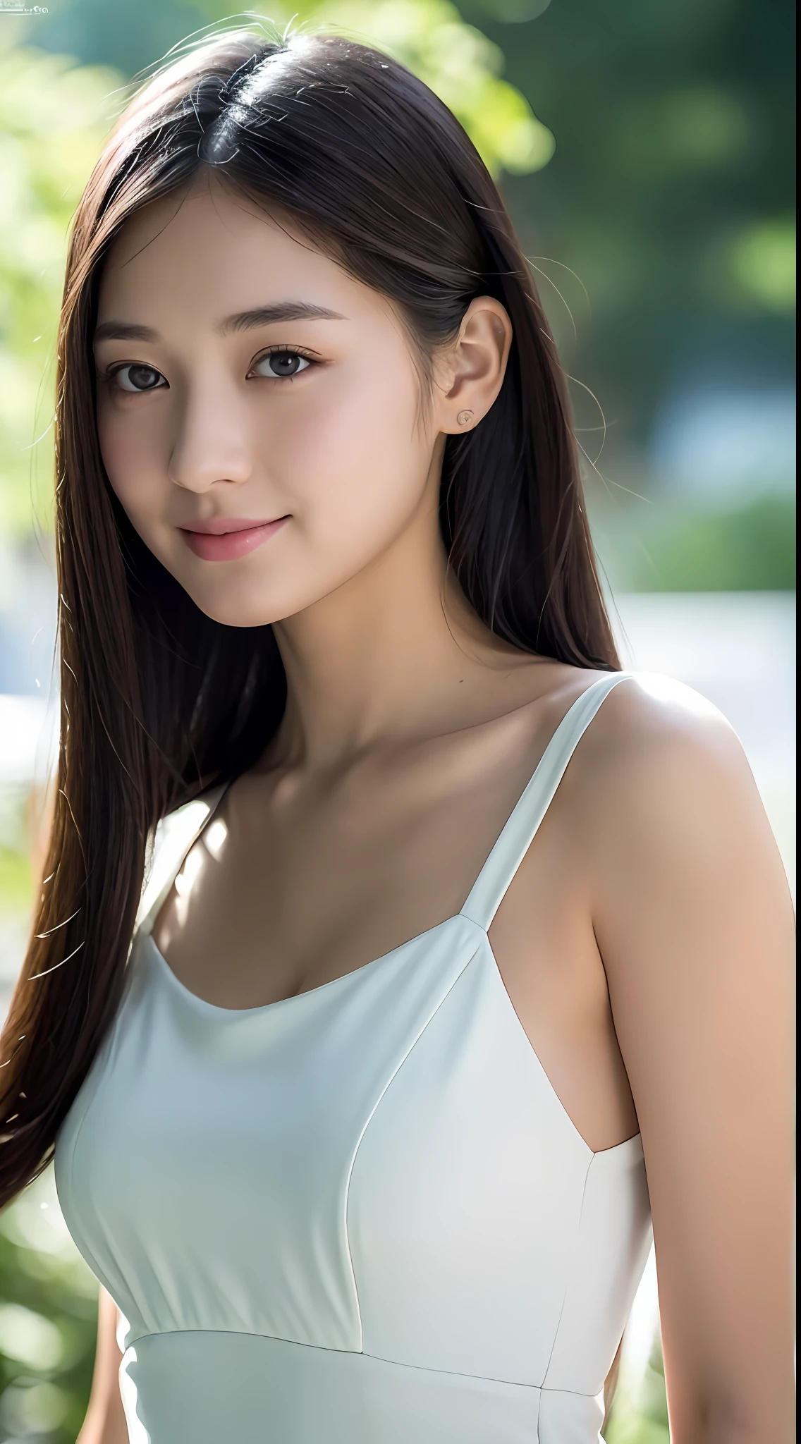 (masterpiece), realistic, (portrait of a girl), neat nose, smooth, young pale skinny white girl, smile, chubby, bright background, perfect detailed face, sunlight, photo realistic, a beautiful woman, beautiful eyes, black hair, perfect anatomy, very cute, princess eyes , (black eyes) , (frame the whole body), Centered image, stylized, bioluminescence, 8 life size,12k Resolution, white low-cut dress with small blue details, human hands, wonder full, elegant, approaching perfection, dynamic, highly detailed, character sheet, concept art, smooth, facing directly at the viewer positioned so that their body is symmetrical and balanced, stunningly beautiful cute Japanese teenage girl, detailed hair style, whole body