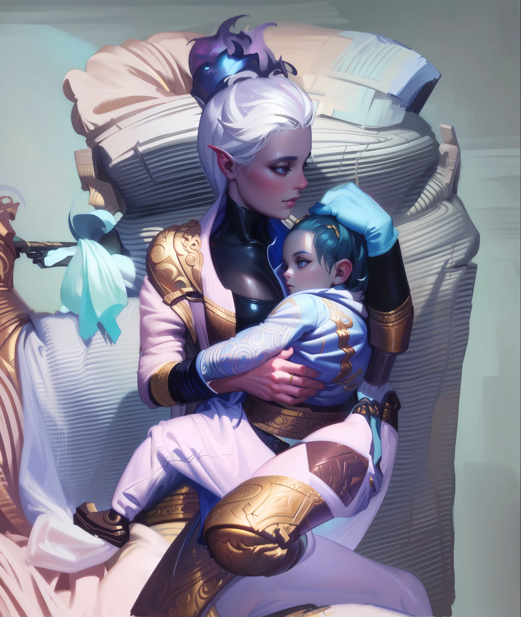 hyper detailed gouache style painting portrait of gorgeous Tiefling holding her baby, hyper realistic textures, 8k, best quality, masterpiece, smooth shadows, correct anathomy, expressive painting, magic cozy scene, warm lights, pastel colors