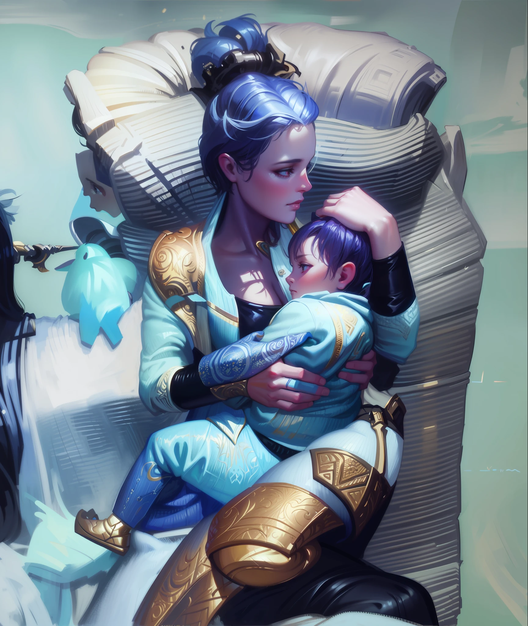 hyper detailed gouache style painting portrait of gorgeous Tiefling holding her baby, hyper realistic textures, 8k, best quality, masterpiece, smooth shadows, correct anathomy, expressive painting, magic cozy scene, warm lights, pastel colors