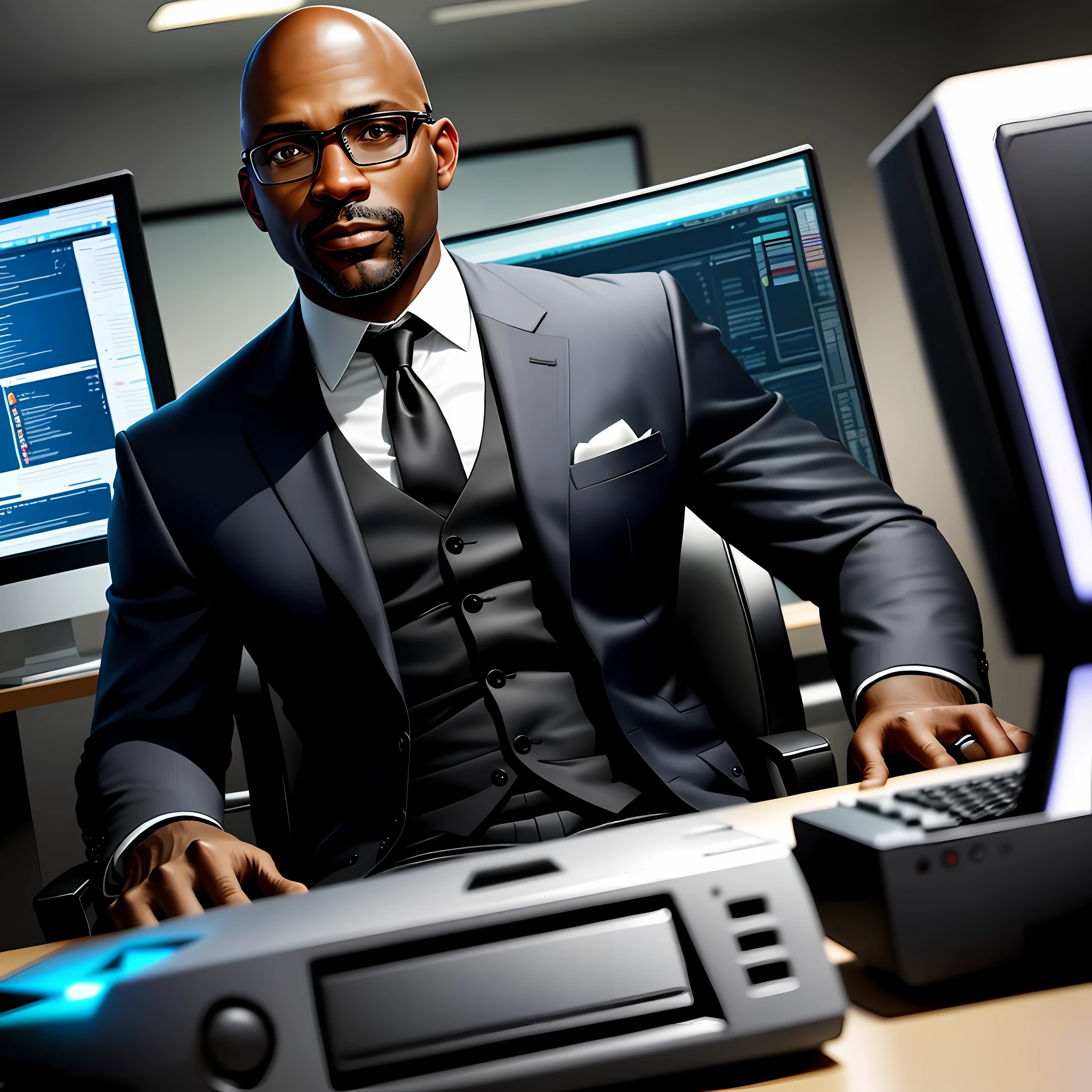 I want an amazing realistic photo of a 43-year-old bald black man in a suit sitting in front of a computer looking at graphics