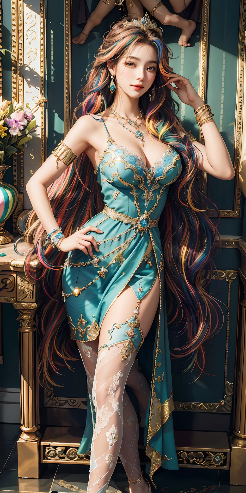 8k, game cg, masterpiece, cinematic lighting, best quality, ultra high res, (photorealistic:1.4), (realistic:1.21), 1girl, perfect face, beautiful face,(detial Face:1.3), beautiful eyes, ((perfect female body, narrow waist)), ((perfect female body, narrow waist)), (((((multicolored long hair:1.2))))), absurdly long hair, very long hair, topless, (medium breasts), looking at viewer, smiling, cute, full body, gorgeous queen, royal, divine, goddess, godlike, (royal palace), fantasy, dreamlike, science fiction, beautiful clothes, lace, lace trim, lace-trimmed legwear, nsfw, (rich:1.4), prestige, luxury, jewelry, diamond, gold, pearl, gem, sapphire, ruby, emerald, intricate detail, delicate pattern, sexy, charming, alluring, seductive, erotic, enchanting, hair ornament, necklace, earrings, bracelet, armlet,
(pureerosface_v1:0.9),(ulzzang-6500-v1.1:0.7)