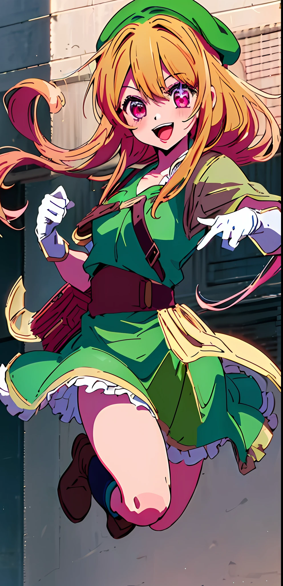 1girl masterpiece, best quality, solo, (Link (cosplay):1.2), Link (cosplay):1.2, link hat ,brown boots, :d, Ruby hoshino , medium breast, white gloves, jumping, star-shaped pupils in left eye, long hair, pink eyes, blonde hair, green tunic, holding the master sword