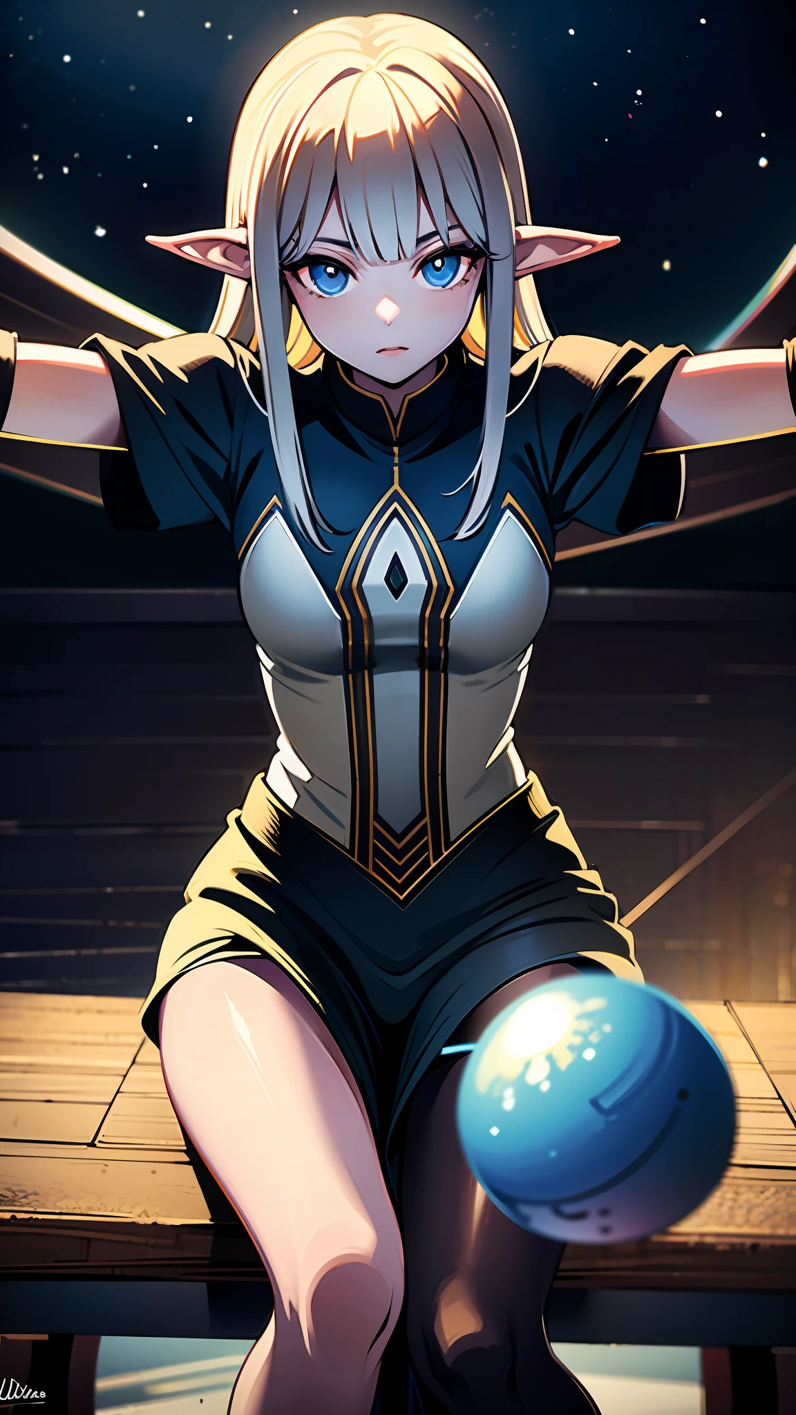 "Generate an illustration of the highest quality, ultra-detail, and 4K depicting a noble high elf without limbs who reigns on the throne of the God King in an electronic space that simulates outer space."