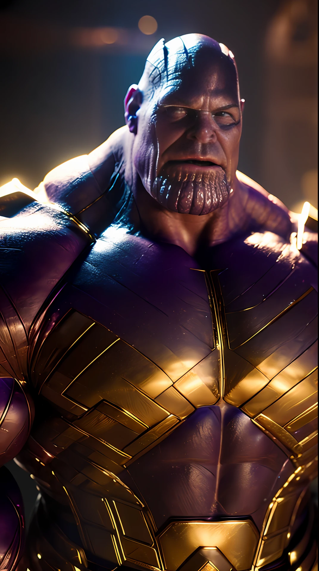Cinematic soft lighting illuminates a stunningly detailed and ultra-realistic thanos super strong, muscular, that is trending on ArtStation. Octane is the perfect tool to capture the softest details of this 16k photography masterpiece
