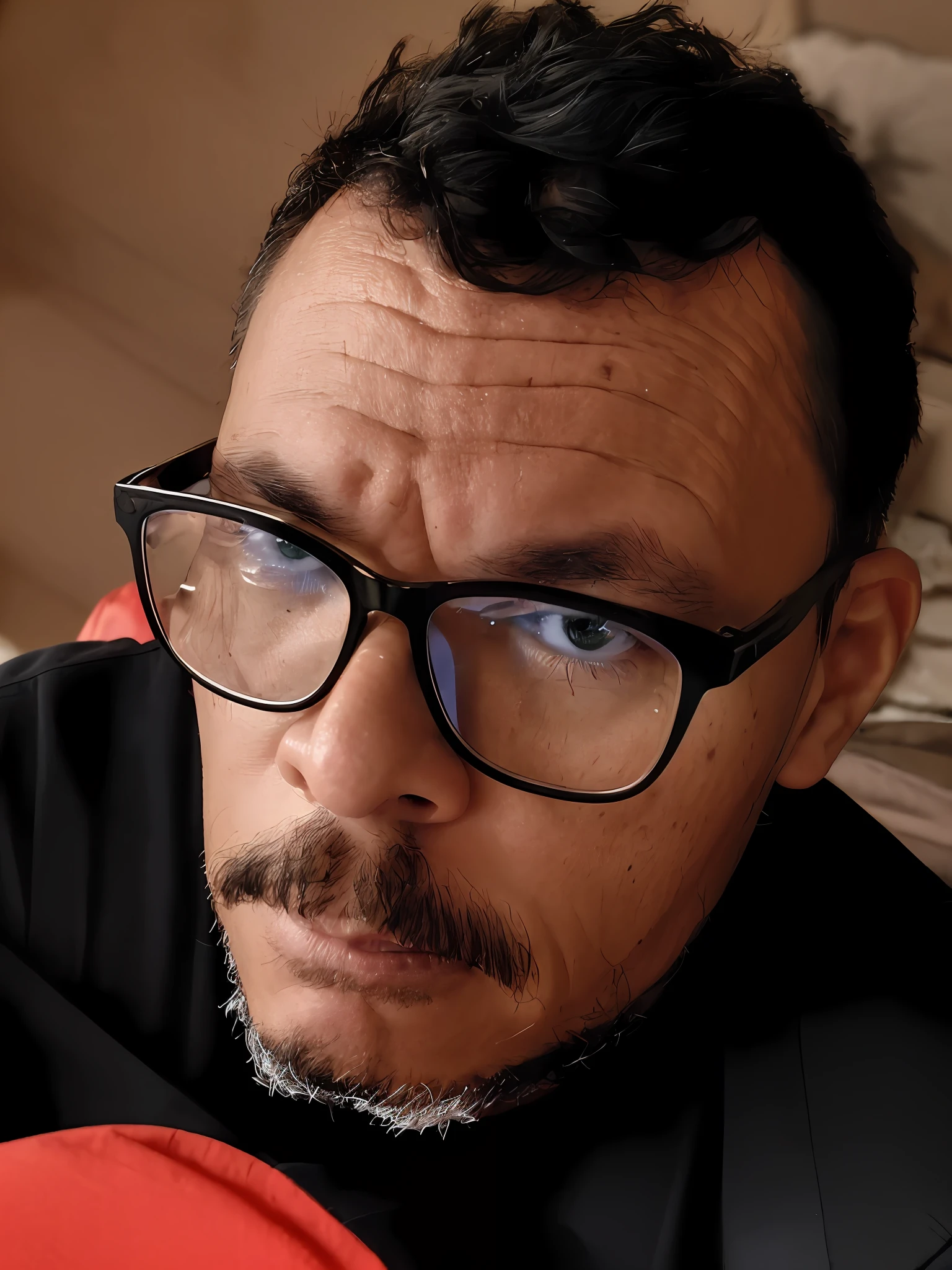 guttonerdvision3, man with glasses and black shirt lying on top of bed, with nerd glasses and goatee, with glasses and goatee, man with glasses, with nerd! glasses! and Goatee, 40-year-old man, 38, taken in early 2020, 45-year-old man, staring intensely into the camera